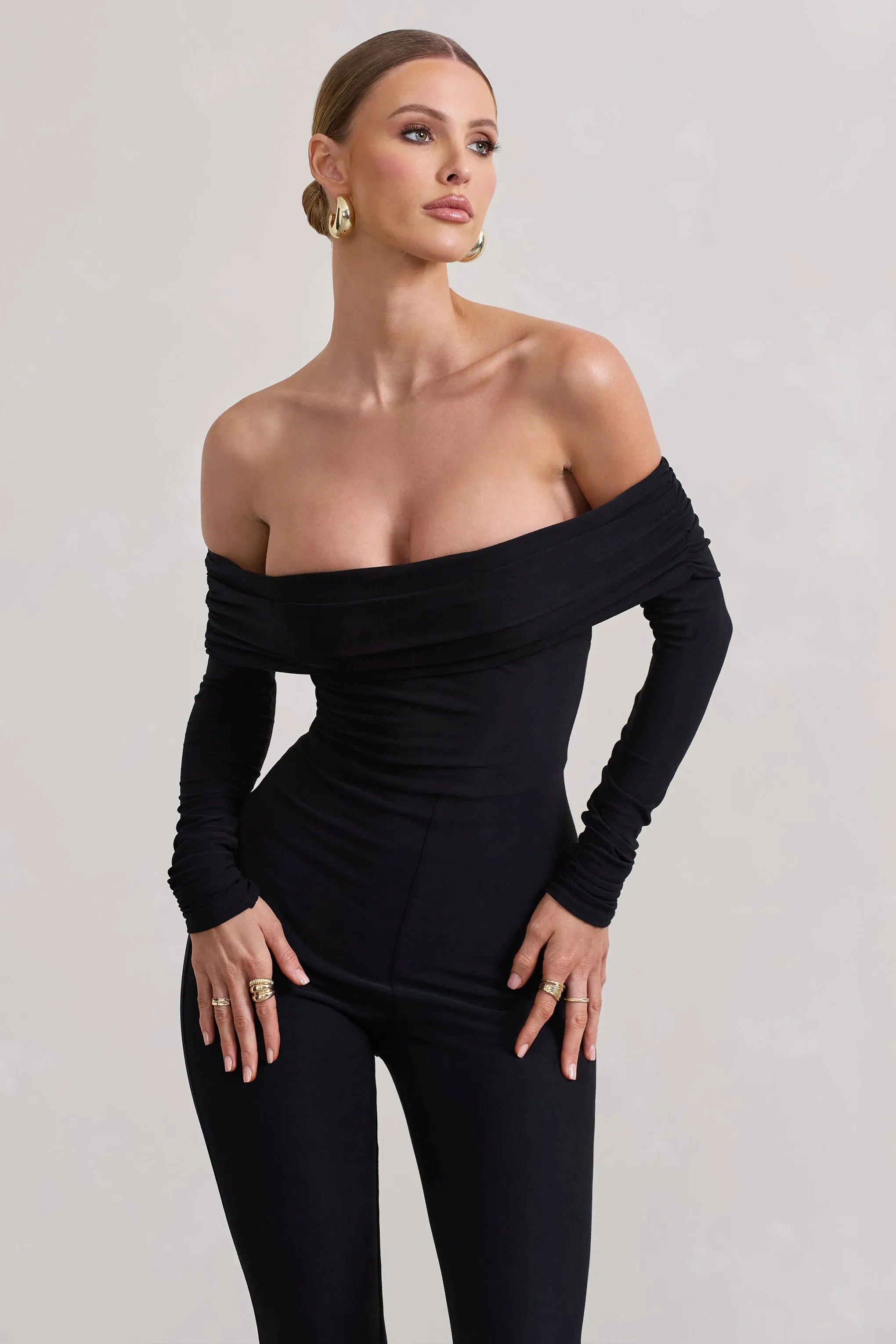 Destined | Black Bardot Slim-Leg Jumpsuit sold by Club L London product image thumbnail 3