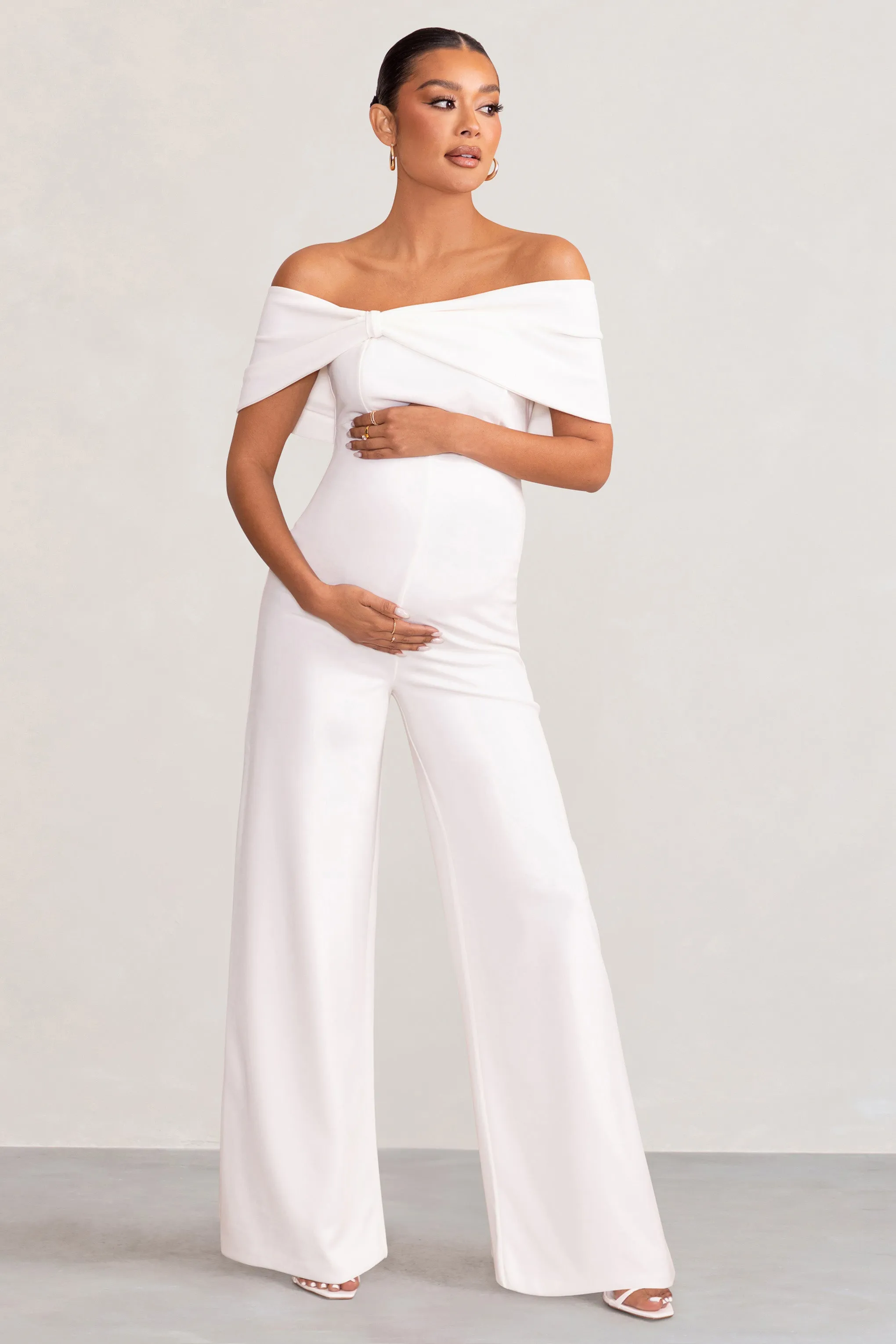 Meave | White Bardot Bow Maternity Jumpsuit sold by Club L London