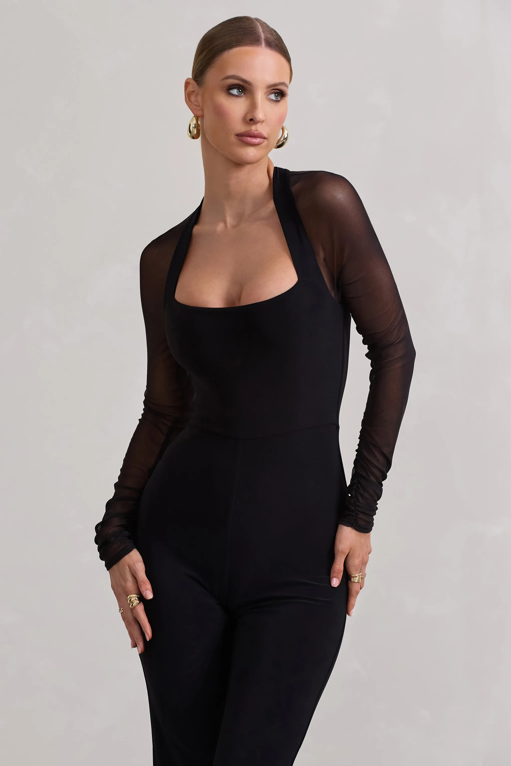 On Track | Black Flared-Leg Jumpsuit With Sheer Sleeves sold by Club L London product image thumbnail 5
