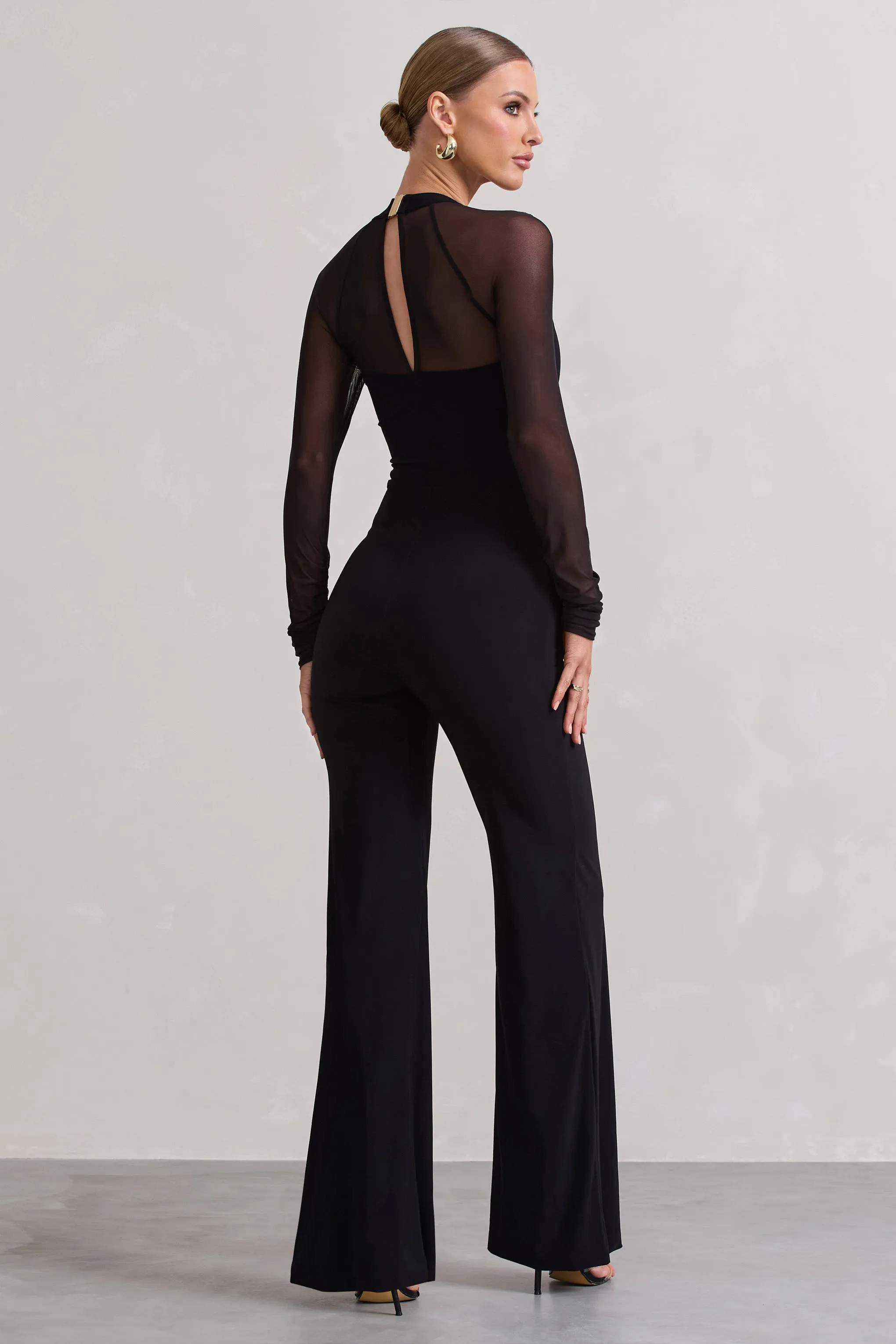On Track | Black Flared-Leg Jumpsuit With Sheer Sleeves sold by Club L London product image thumbnail 2