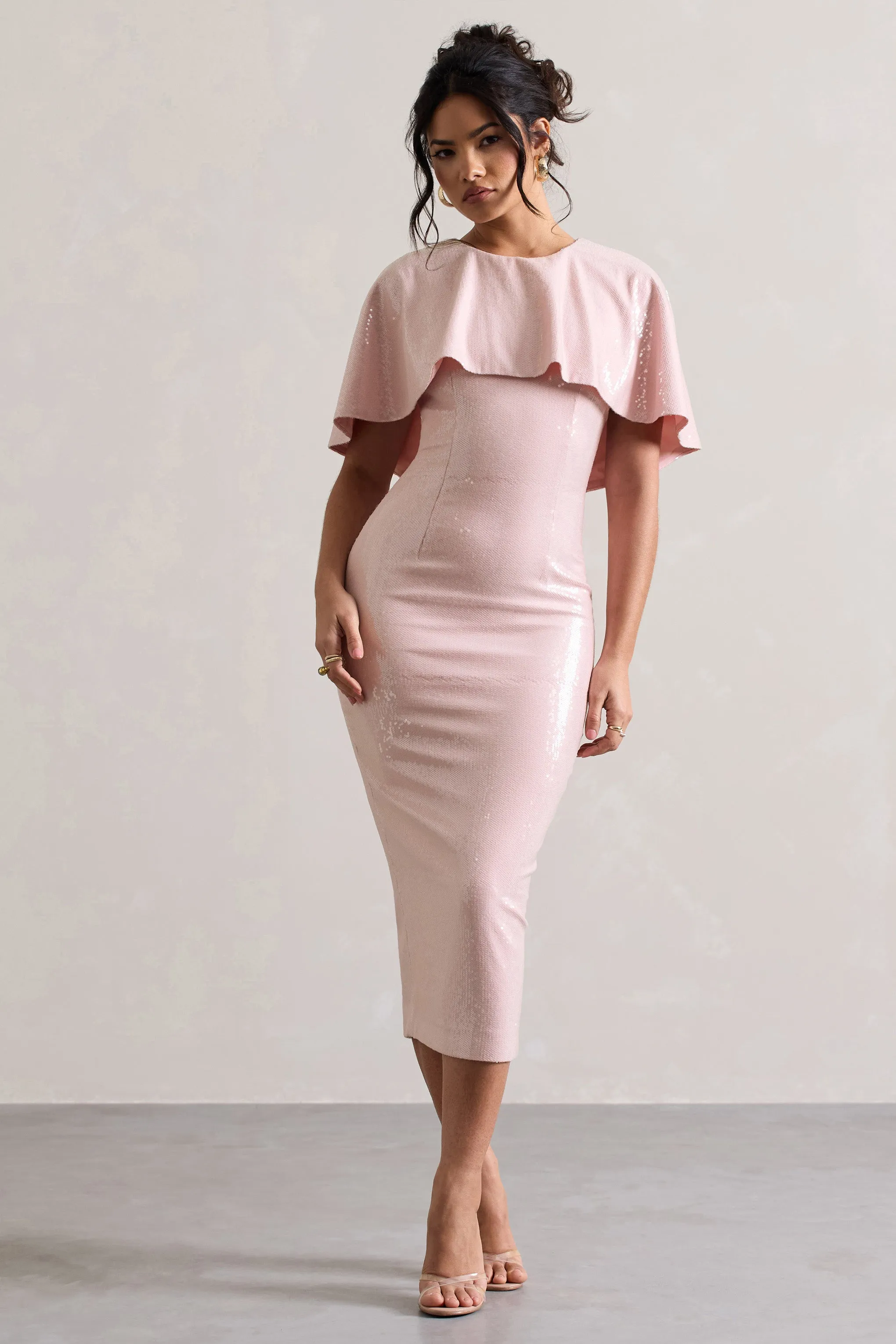 Amelie | Pastel Pink Sequin Midi Dress With Cape sold by Club L London product image thumbnail 5