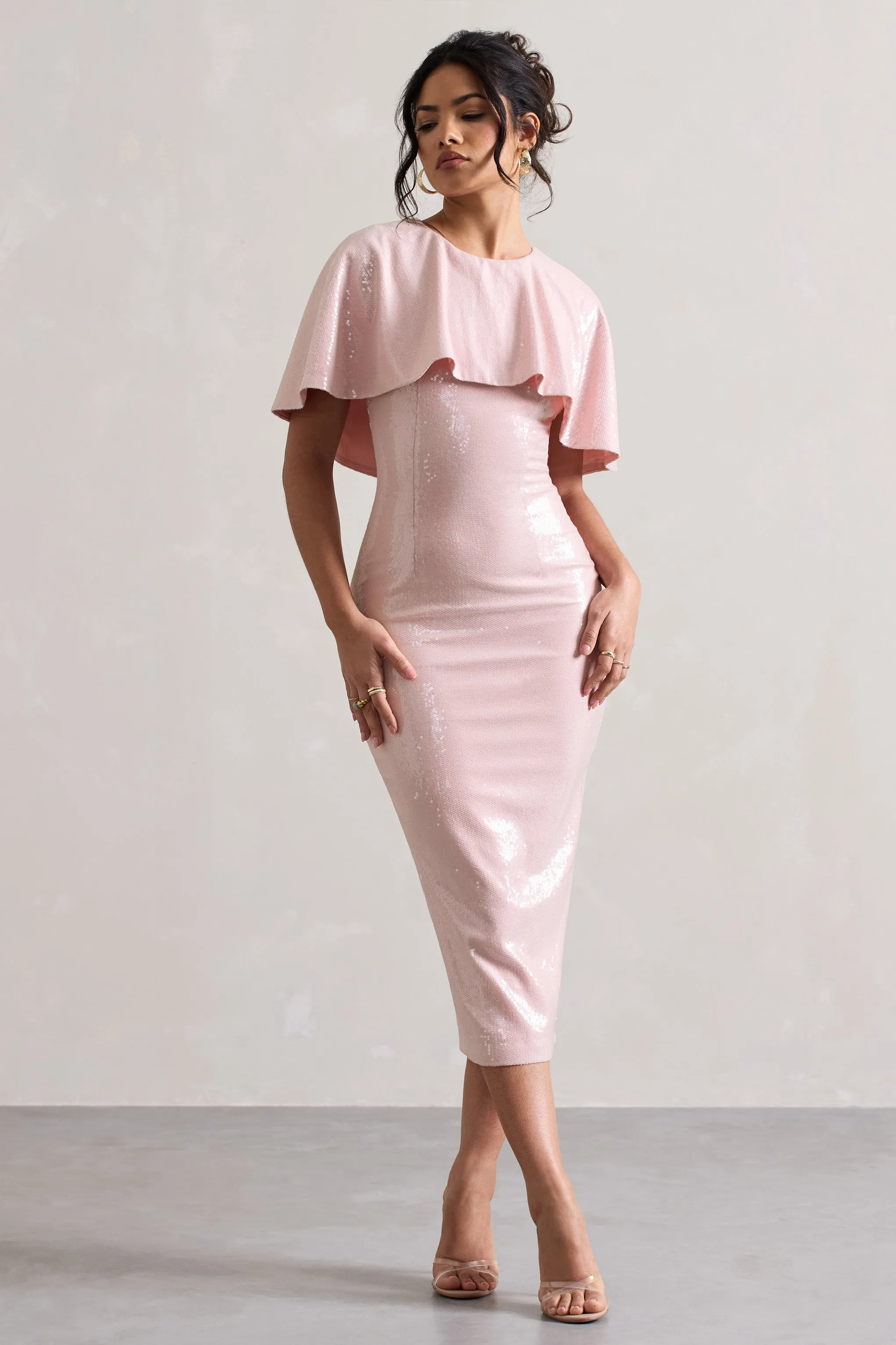 Amelie | Pastel Pink Sequin Midi Dress With Cape sold by Club L London product image thumbnail 2