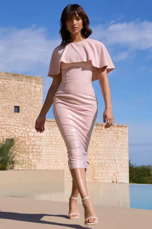 Amelie | Pastel Pink Sequin Midi Dress With Cape sold by Club L London