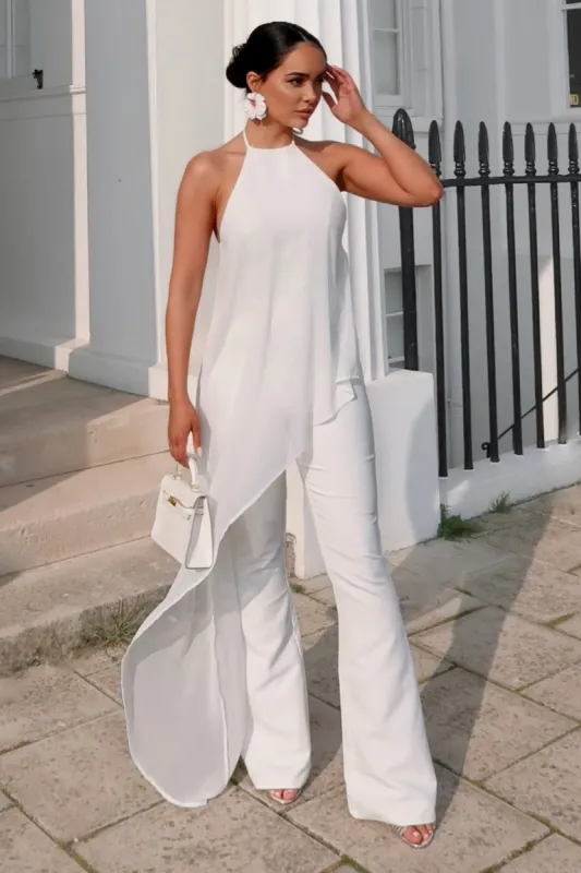Catania | White Flared-Leg Jumpsuit With Chiffon Cape made by Club L London