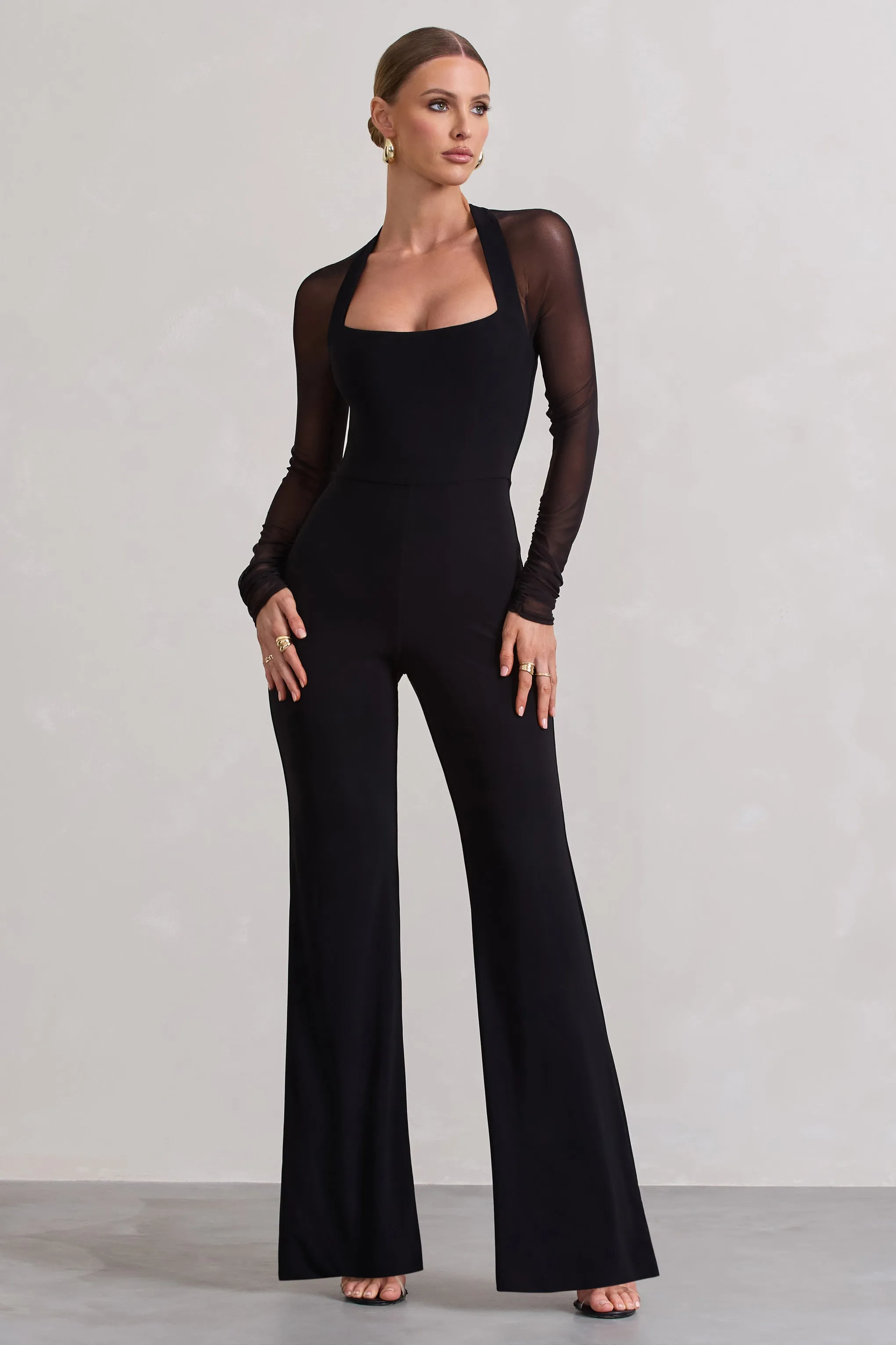 On Track | Black Flared-Leg Jumpsuit With Sheer Sleeves sold by Club L London product image thumbnail 4