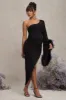 With A Flourish | Black Asymmetric One-Sleeved Maternity Maxi Dress With Feathers sold by Club L London
