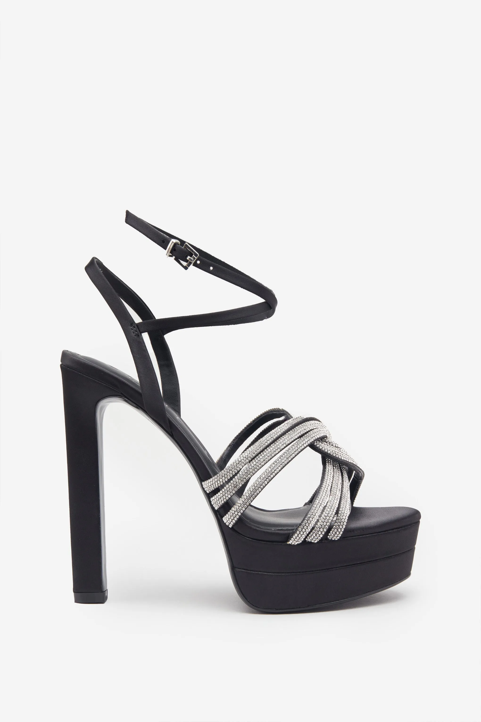 Doll Drama | Black Satin Diamante Strappy Platform Heels sold by Club L London