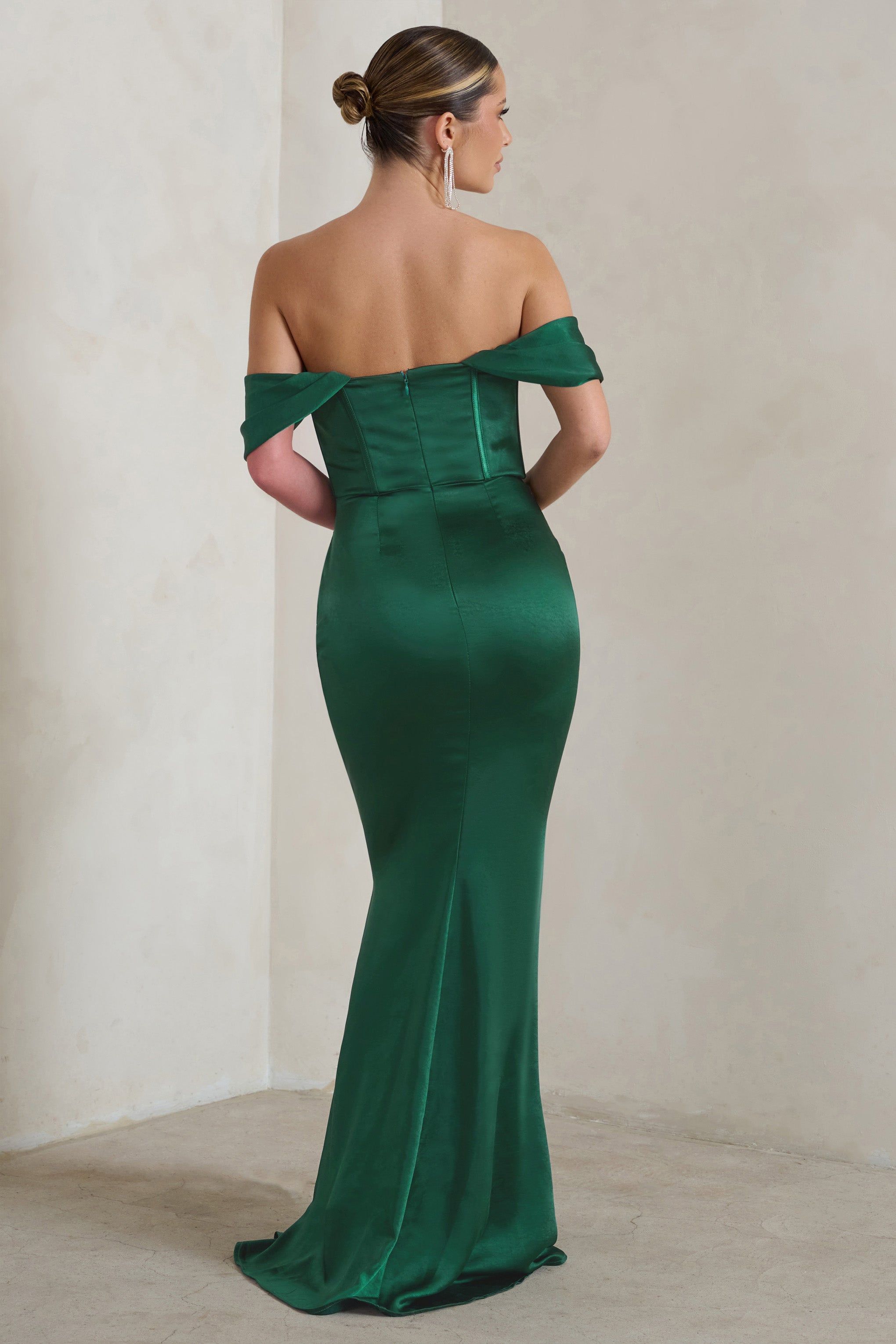 Kimberly | Bottle Green Bardot Fishtail Satin Maxi Dress sold by Club L London product image thumbnail 2