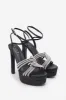 Doll Drama | Black Satin Diamante Strappy Platform Heels sold by Club L London