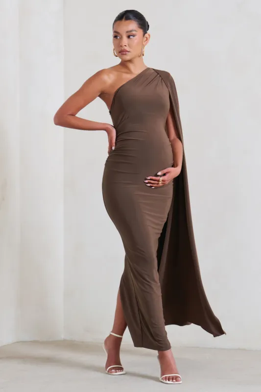 Amaryllis | Chocolate Maternity One Shoulder Maxi Dress with Cape Sleeve sold by Club L London