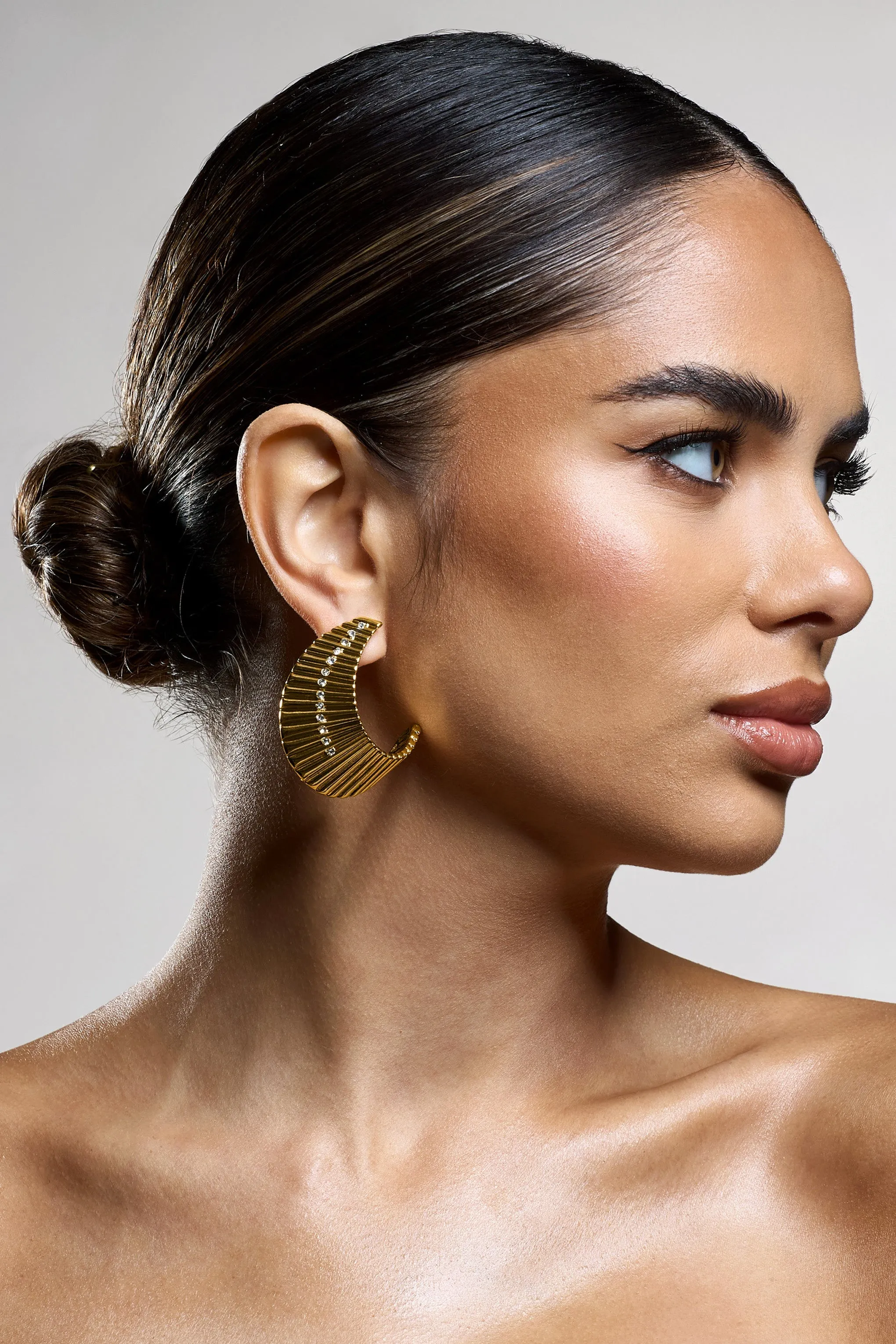 Nura | Gold Diamante Ribbed Statement Earrings sold by Club L London product image thumbnail 3