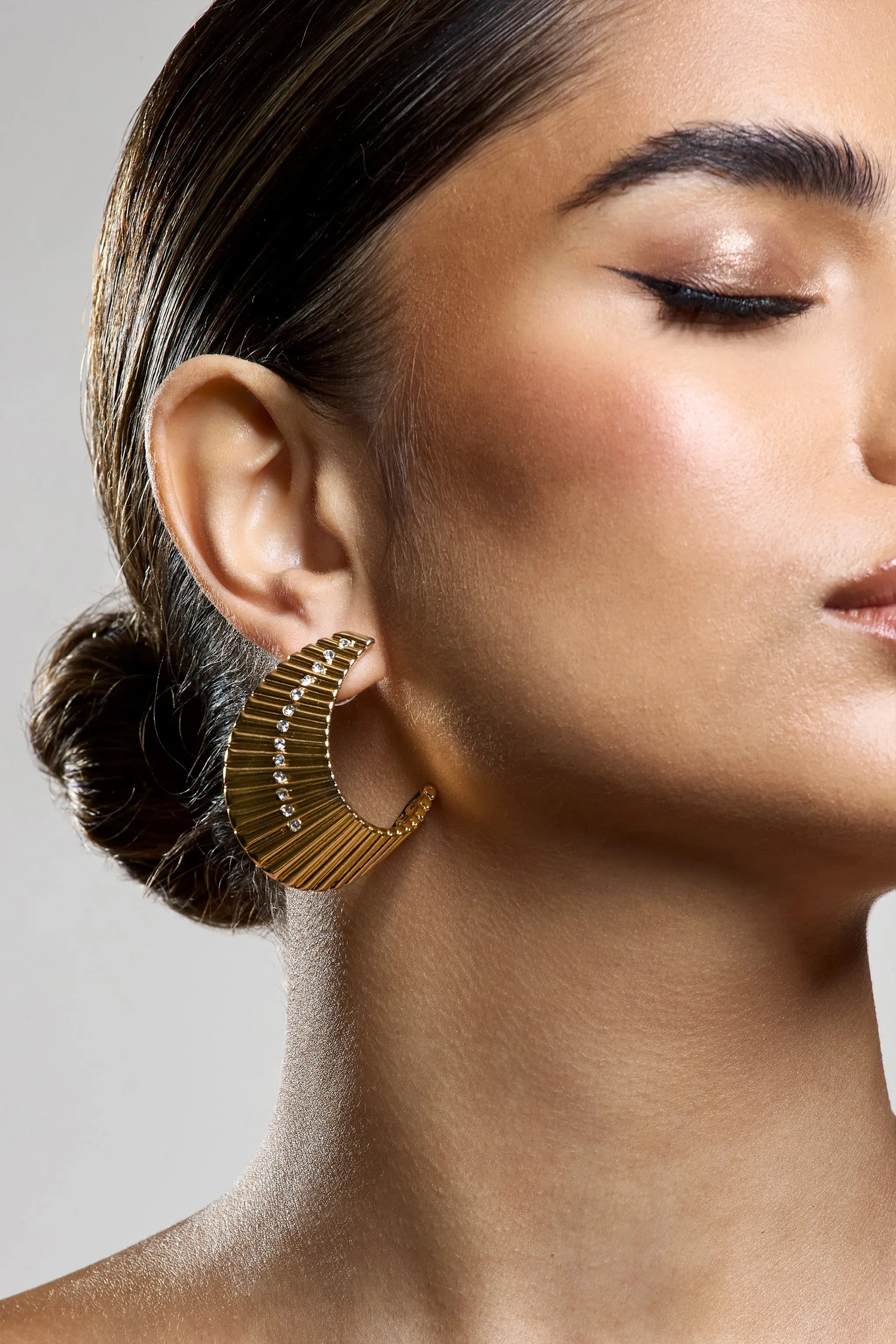 Nura | Gold Diamante Ribbed Statement Earrings sold by Club L London product image thumbnail 2