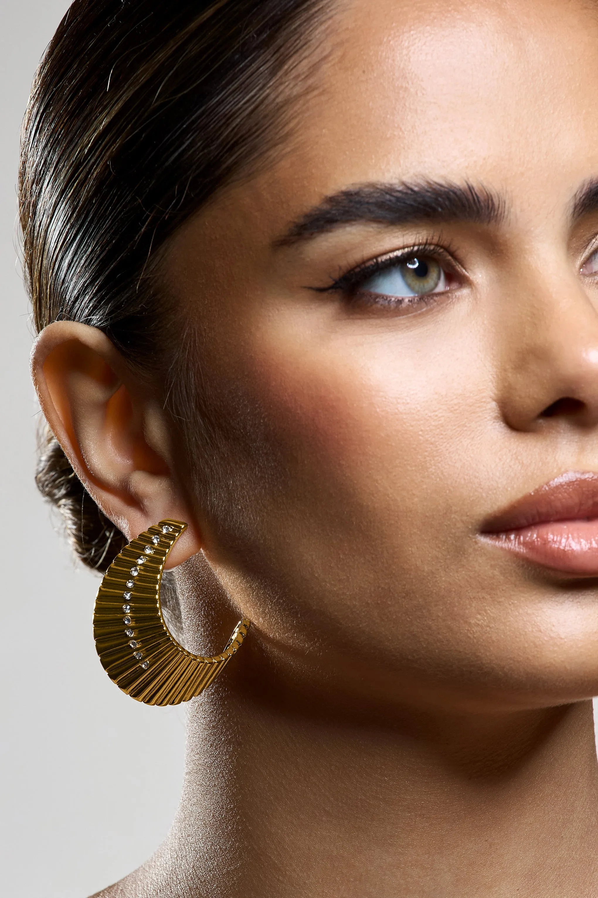 Nura | Gold Diamante Ribbed Statement Earrings sold by Club L London product image thumbnail 5