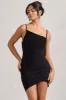 Brightest | Black Ruched Strappy Asymmetric Bodycon Mini Dress sold by Club L London