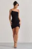Brightest | Black Ruched Strappy Asymmetric Bodycon Mini Dress sold by Club L London
