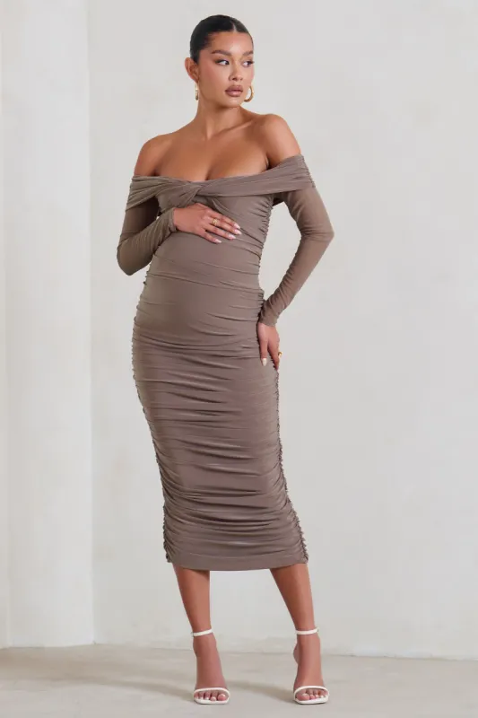 Neva | Mocha Bardot Twist Maternity Midi Dress sold by Club L London