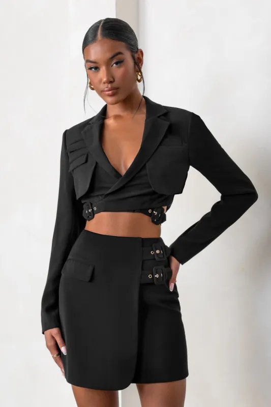 Privilege | Black Plunge Neck Belt Detail Crop Blazer sold by Club L London
