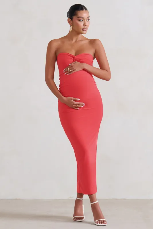 Evita | Coral Maternity Sweetheart Twist Detail Midi Dress made by Club L London
