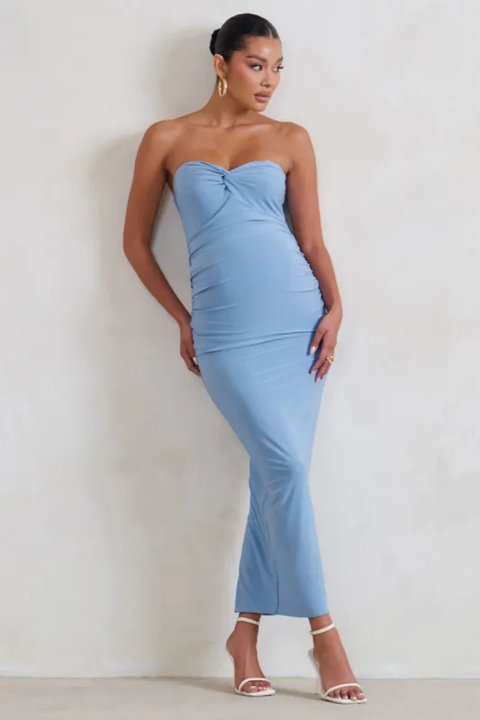 Evita | Powder Blue Maternity Sweetheart Twist Detail Midi Dress sold by Club L London