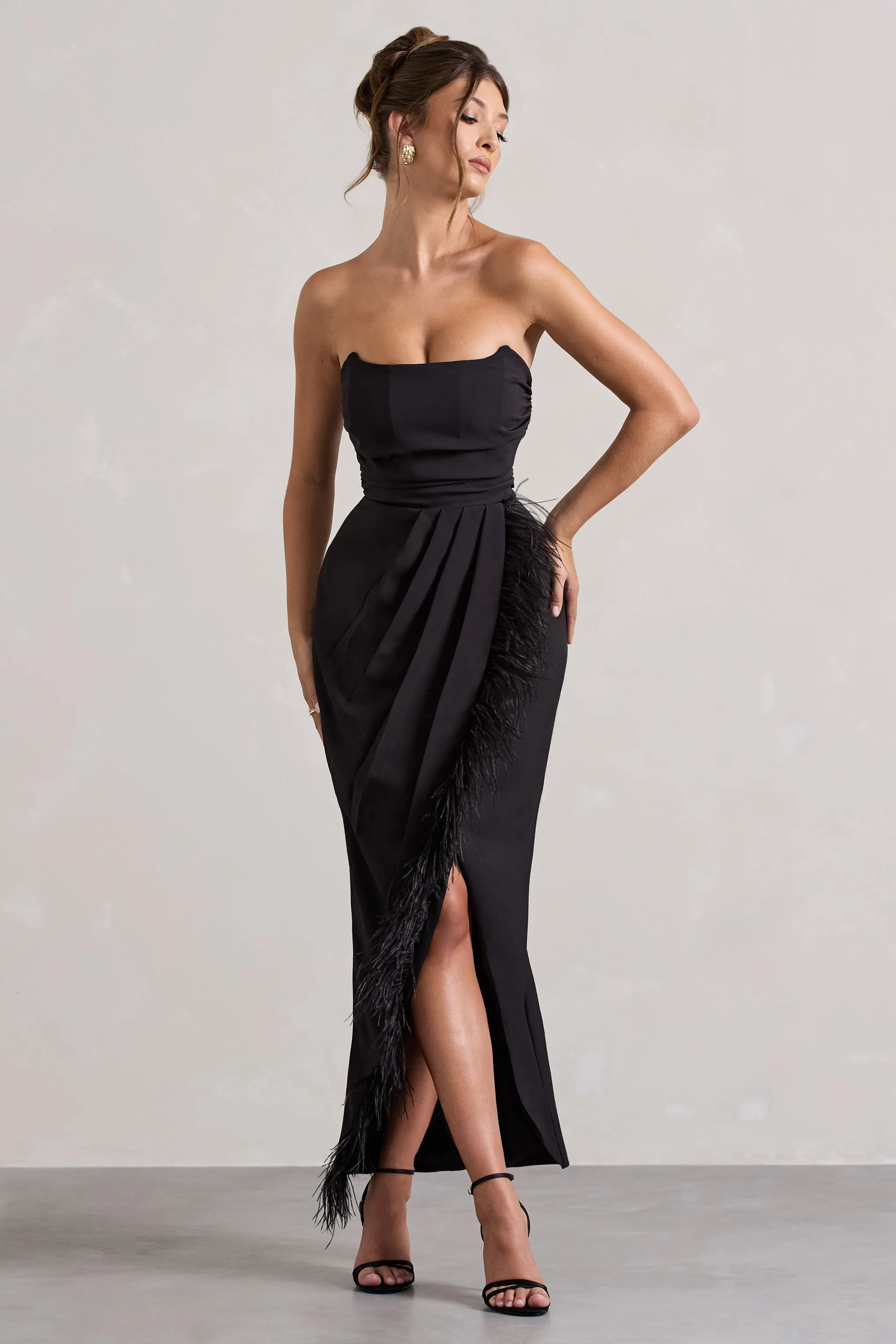 Chosen | Black Bandeau Wrap Maxi Dress With Feather Trim sold by Club L London product image thumbnail 5