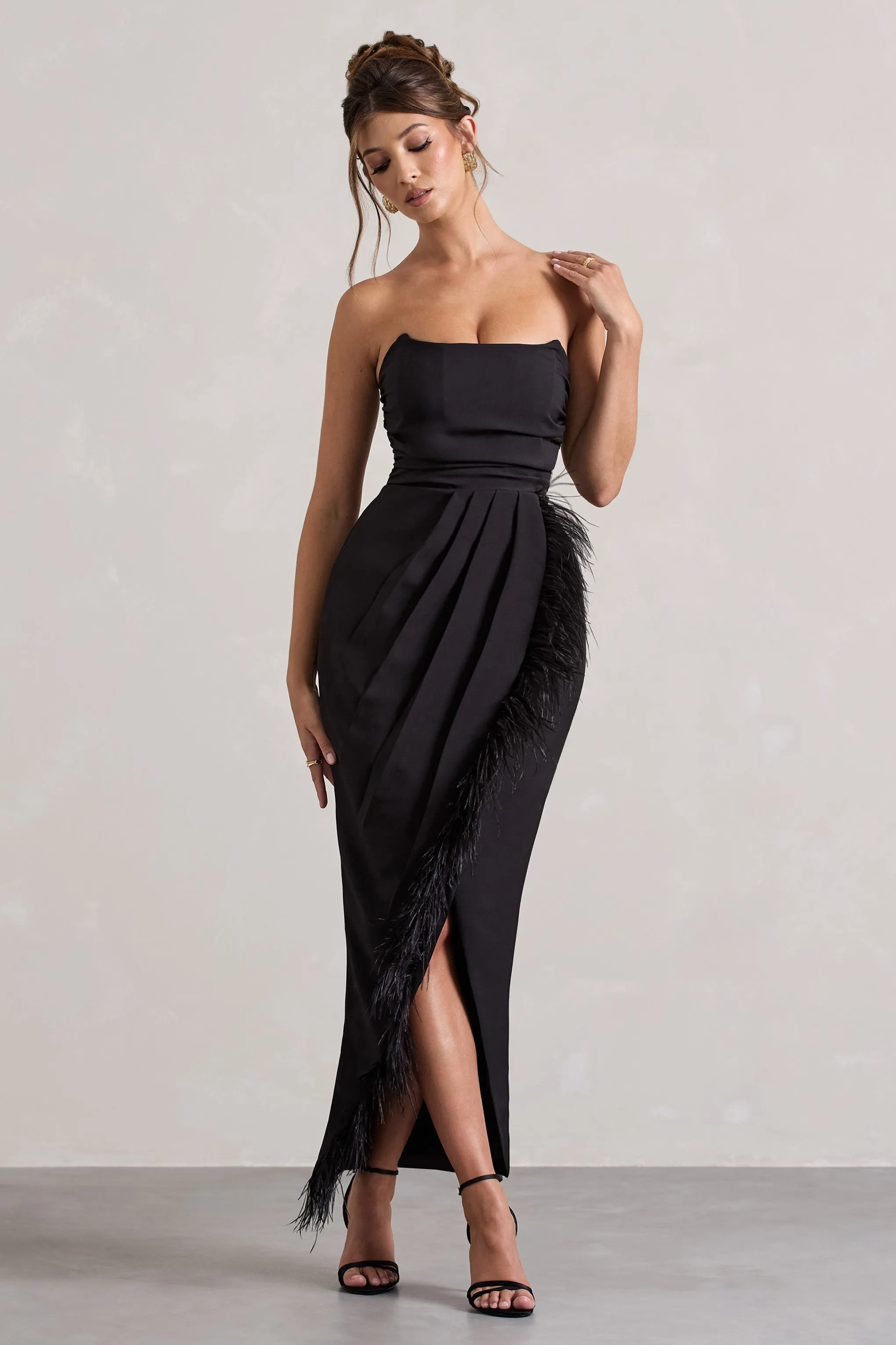 Chosen | Black Bandeau Wrap Maxi Dress With Feather Trim sold by Club L London