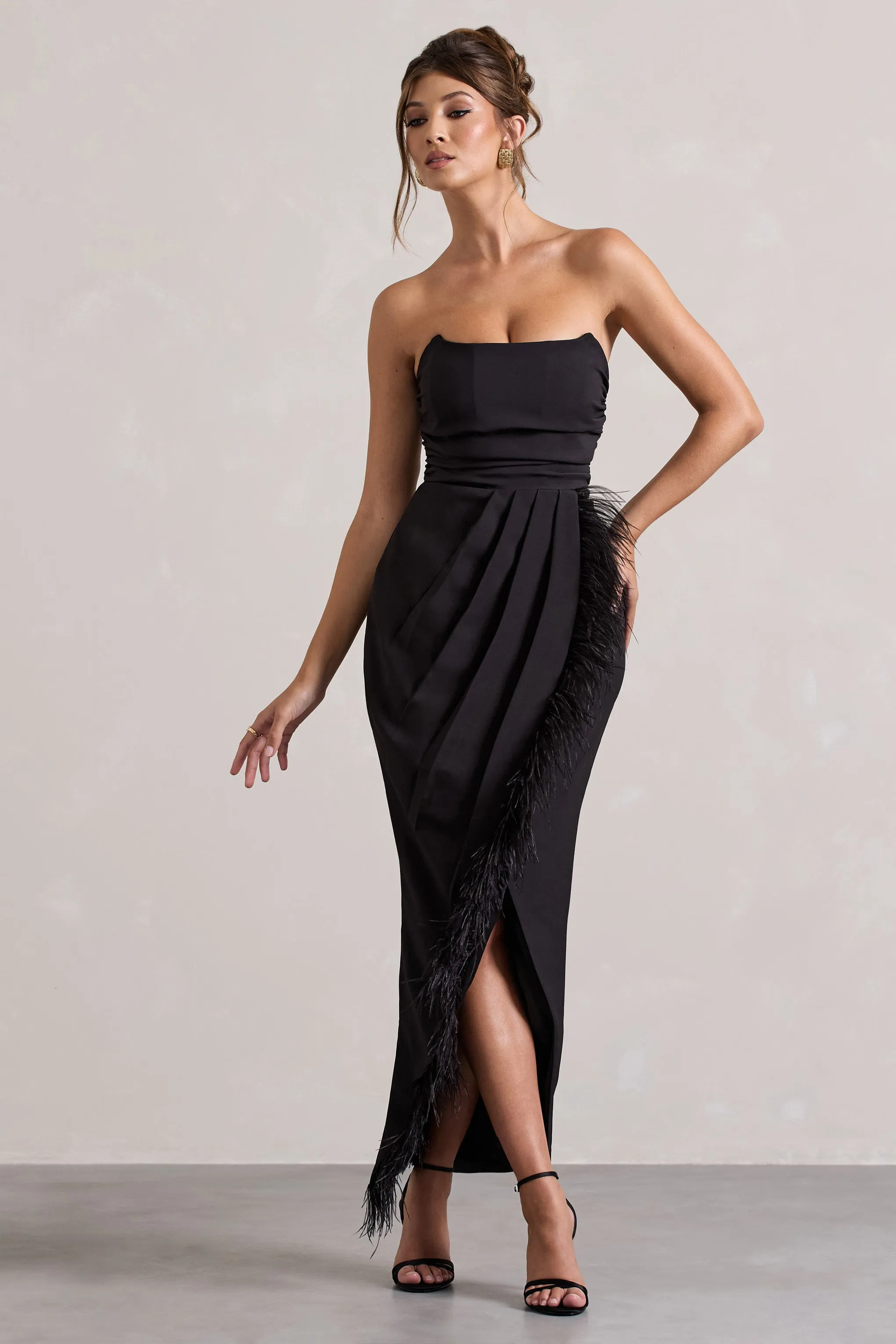 Chosen | Black Bandeau Wrap Maxi Dress With Feather Trim sold by Club L London product image thumbnail 4