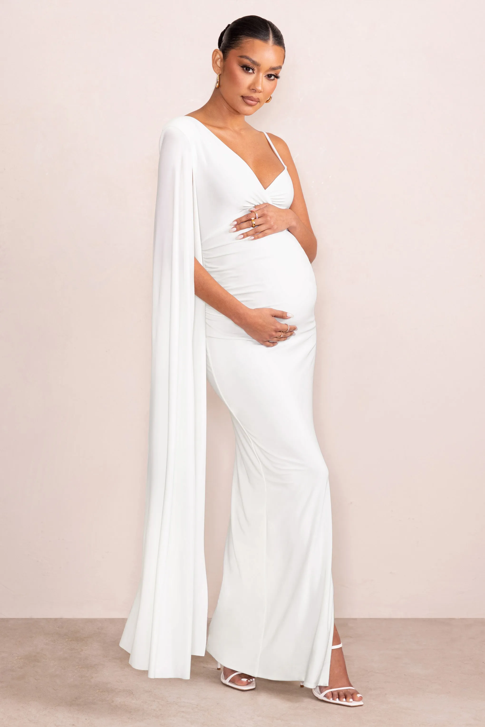 The Crown | White Asymmetric Plunge Maternity Maxi Dress with Cape Sleeve sold by Club L London product image thumbnail 5