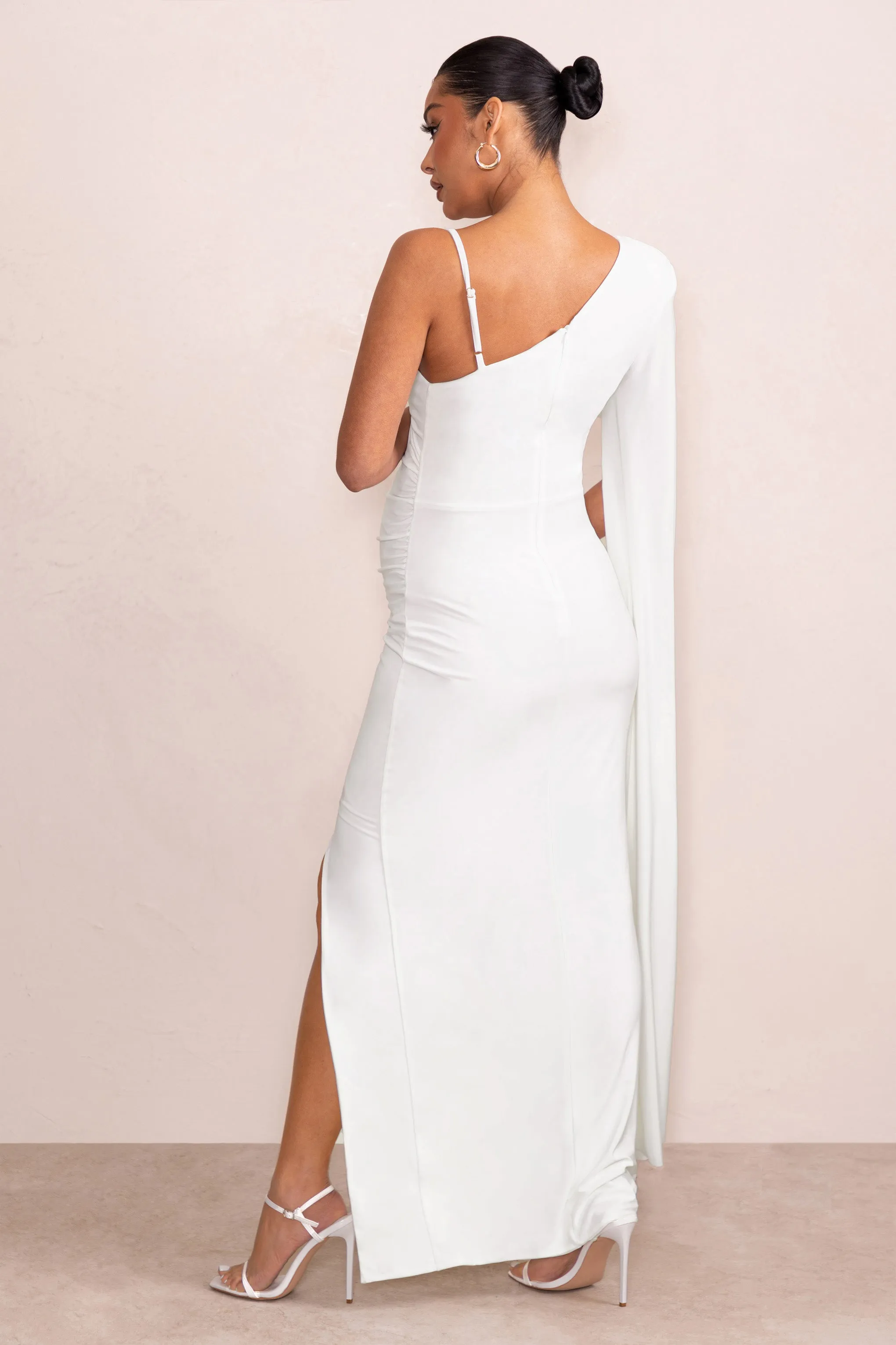 The Crown | White Asymmetric Plunge Maternity Maxi Dress with Cape Sleeve sold by Club L London product image thumbnail 4