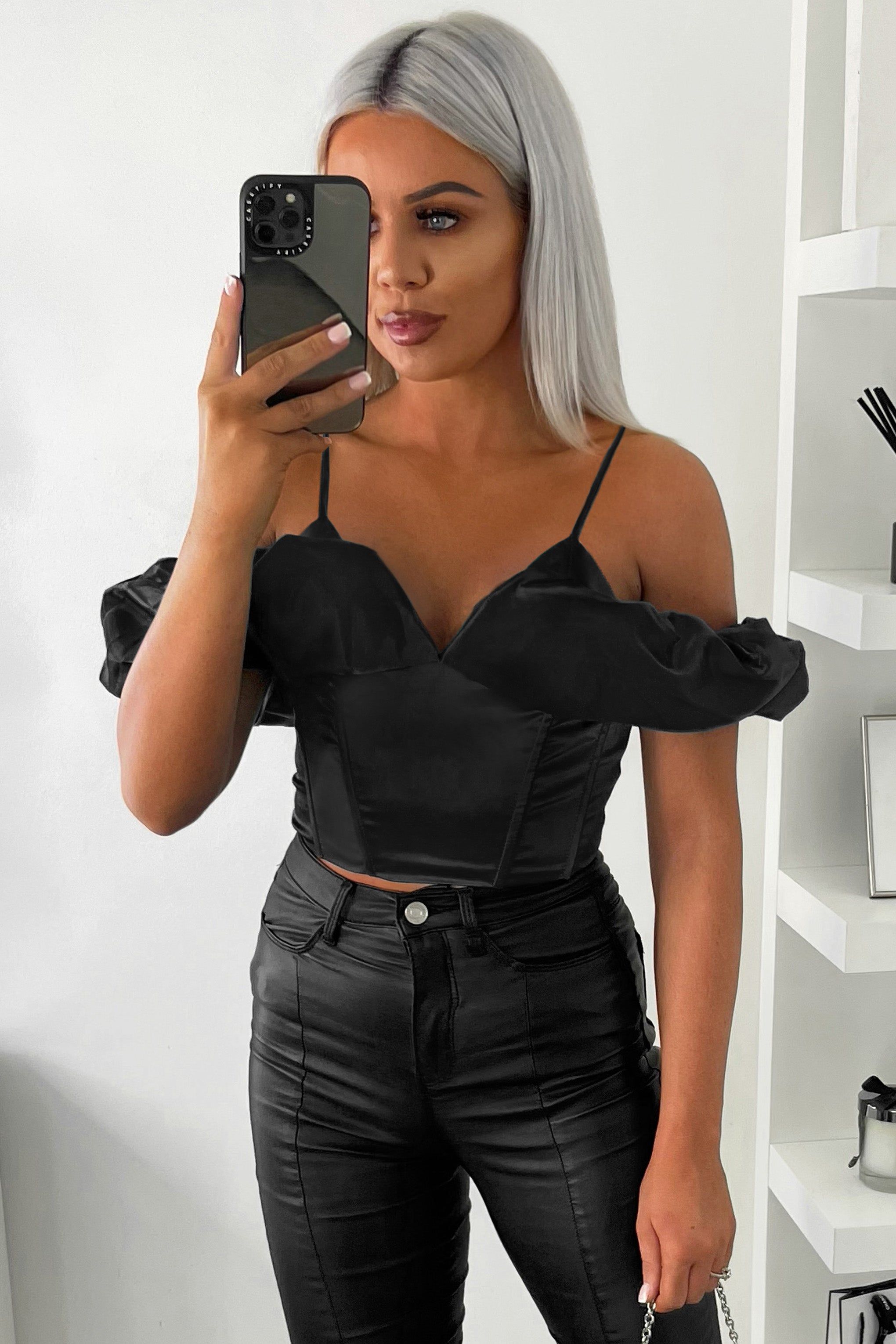 High Noon | Black Premium Satin Ruffle Sleeve Cami Top sold by Club L London