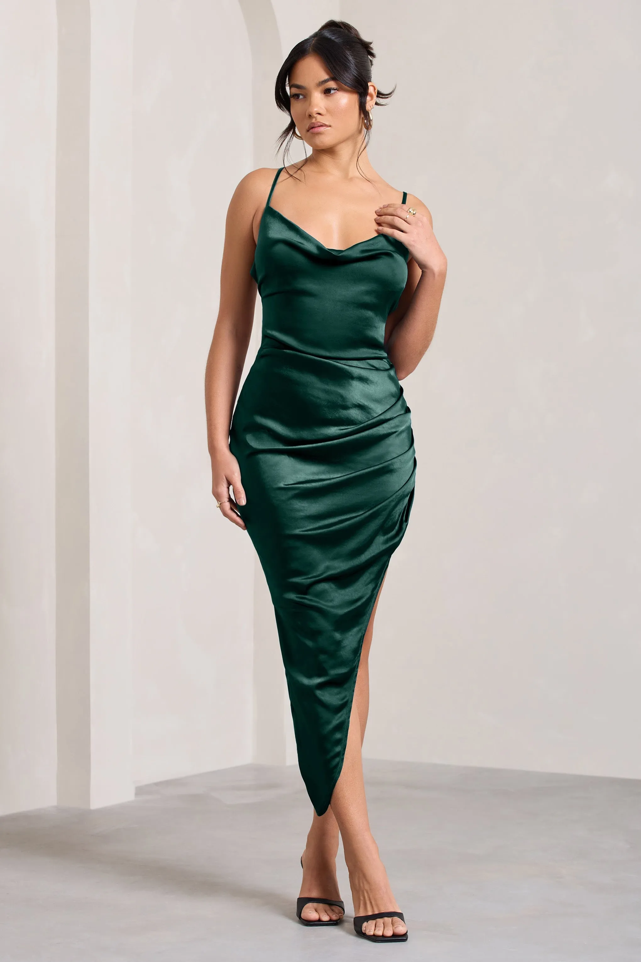 Risk It All | Bottle Green Cami Cowl Neck Asymmetric Hem Midi Dress sold by Club L London product image thumbnail 5