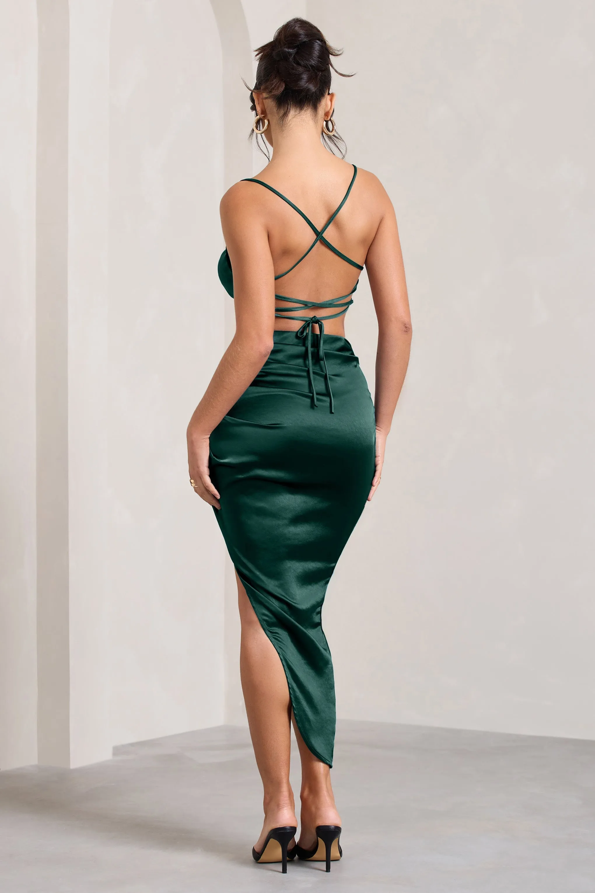 Risk It All | Bottle Green Cami Cowl Neck Asymmetric Hem Midi Dress sold by Club L London product image thumbnail 3