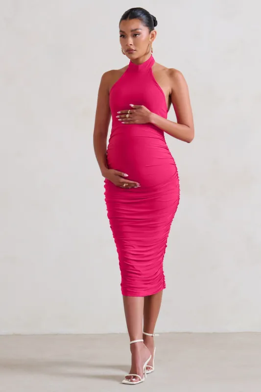 Chrissy | Hot Pink Maternity Halterneck Ruched Midi Dress sold by Club L London