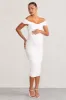 Perfection | White Maternity Bardot Knot Ruched Midi Dress sold by Club L London