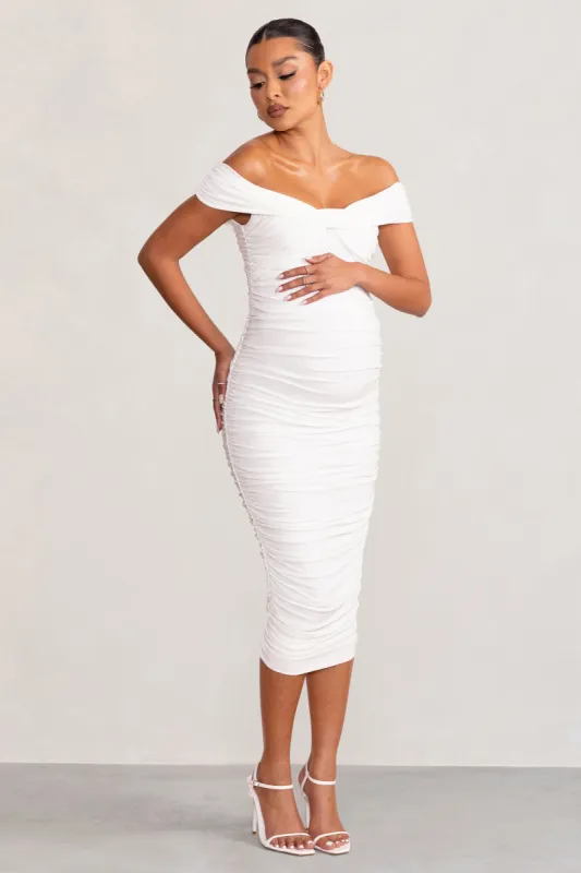 Perfection | White Maternity Bardot Knot Ruched Midi Dress sold by Club L London