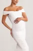 Perfection | White Maternity Bardot Knot Ruched Midi Dress sold by Club L London