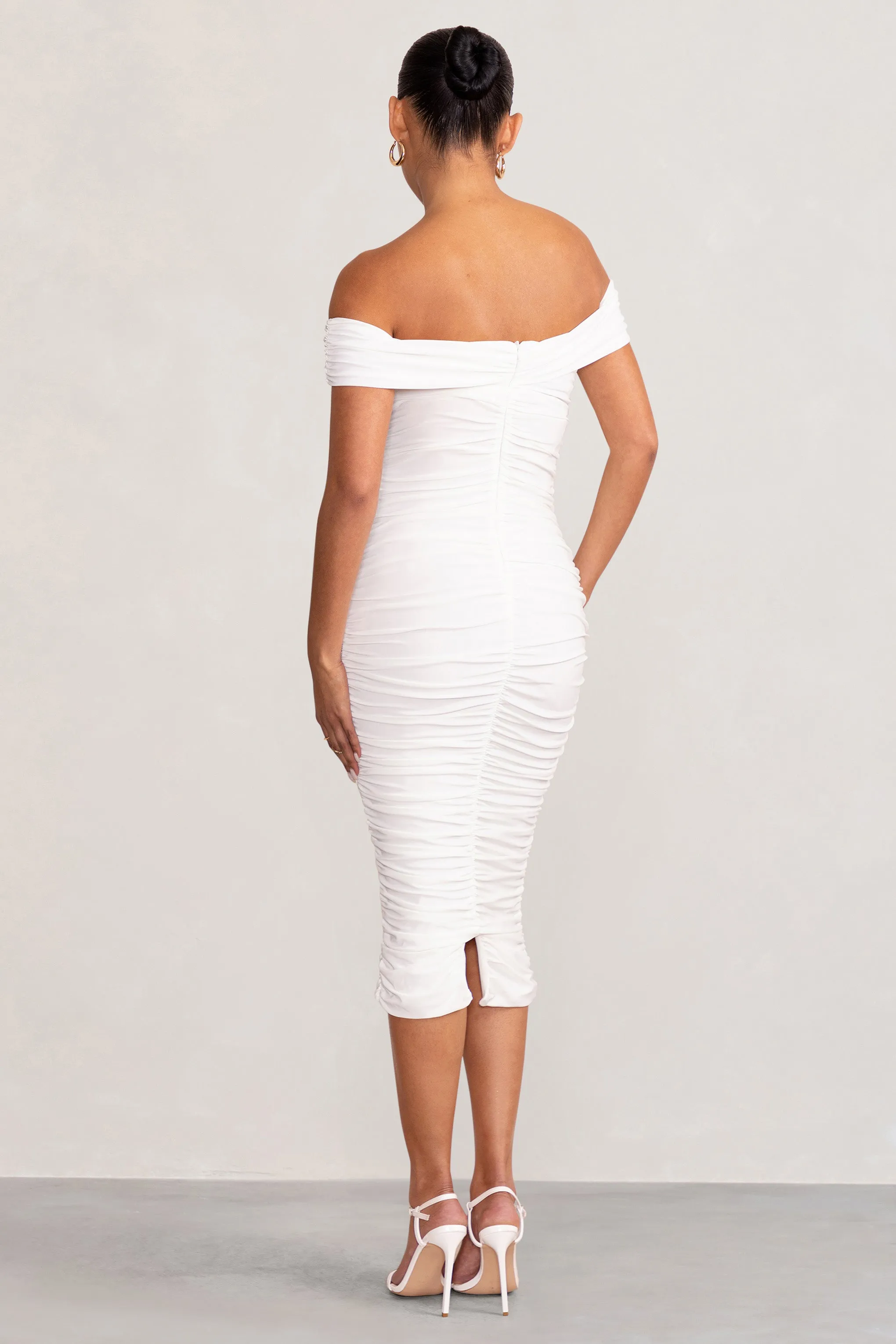 Perfection | White Maternity Bardot Knot Ruched Midi Dress sold by Club L London product image thumbnail 2