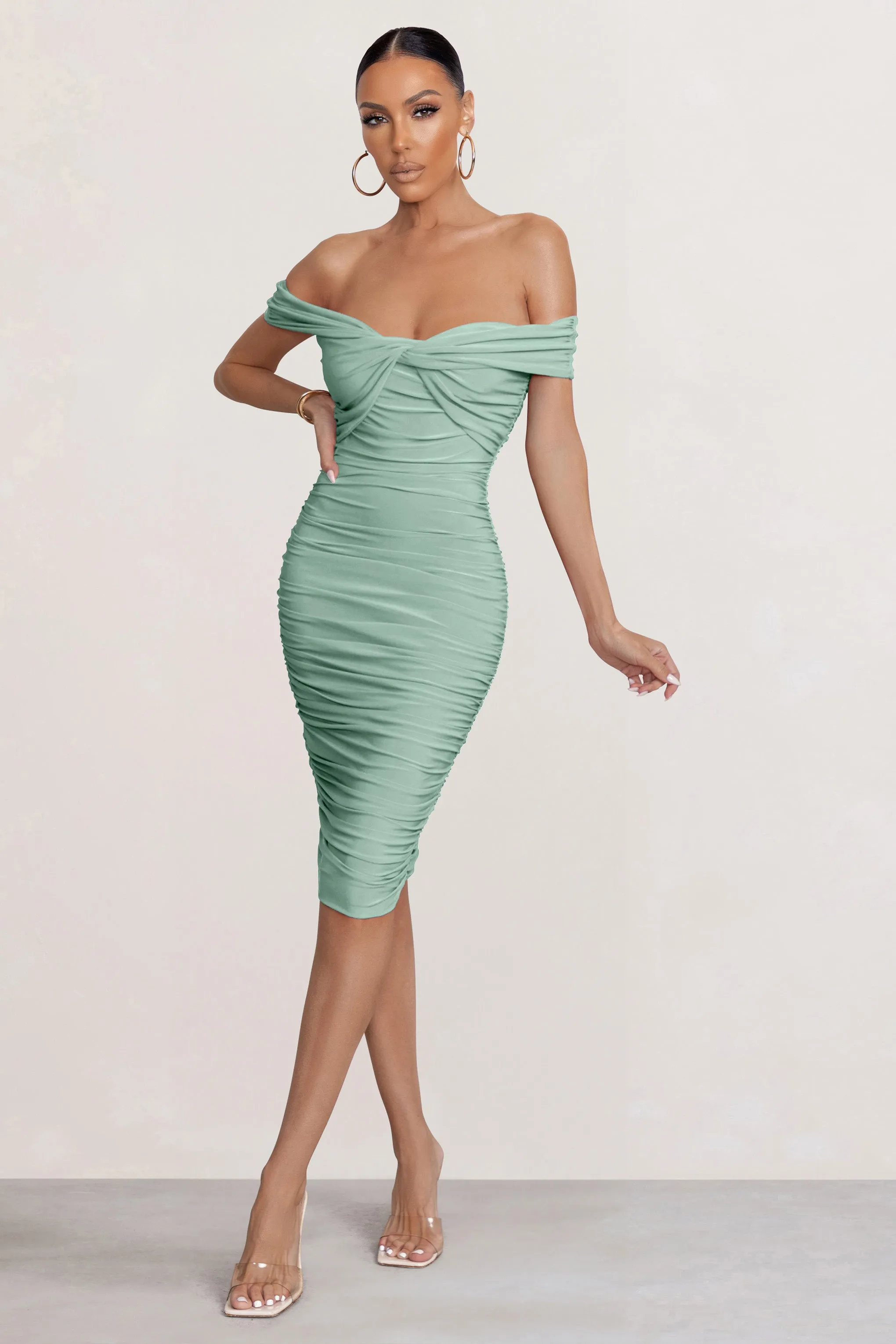 Gratitude | Sage Off The Shoulder Ruched Midi Dress sold by Club L London product image thumbnail 3