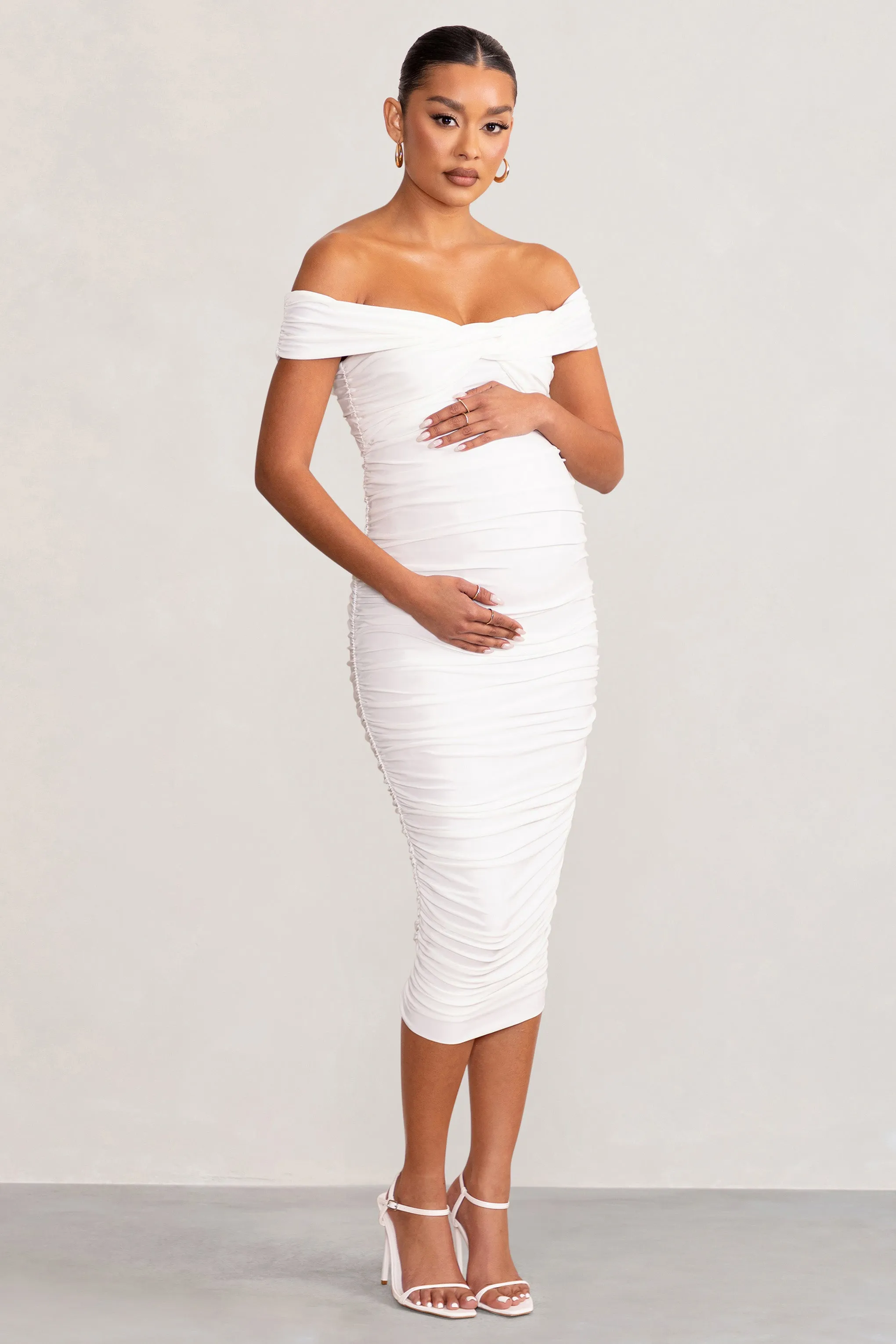 Perfection | White Maternity Bardot Knot Ruched Midi Dress sold by Club L London product image thumbnail 4