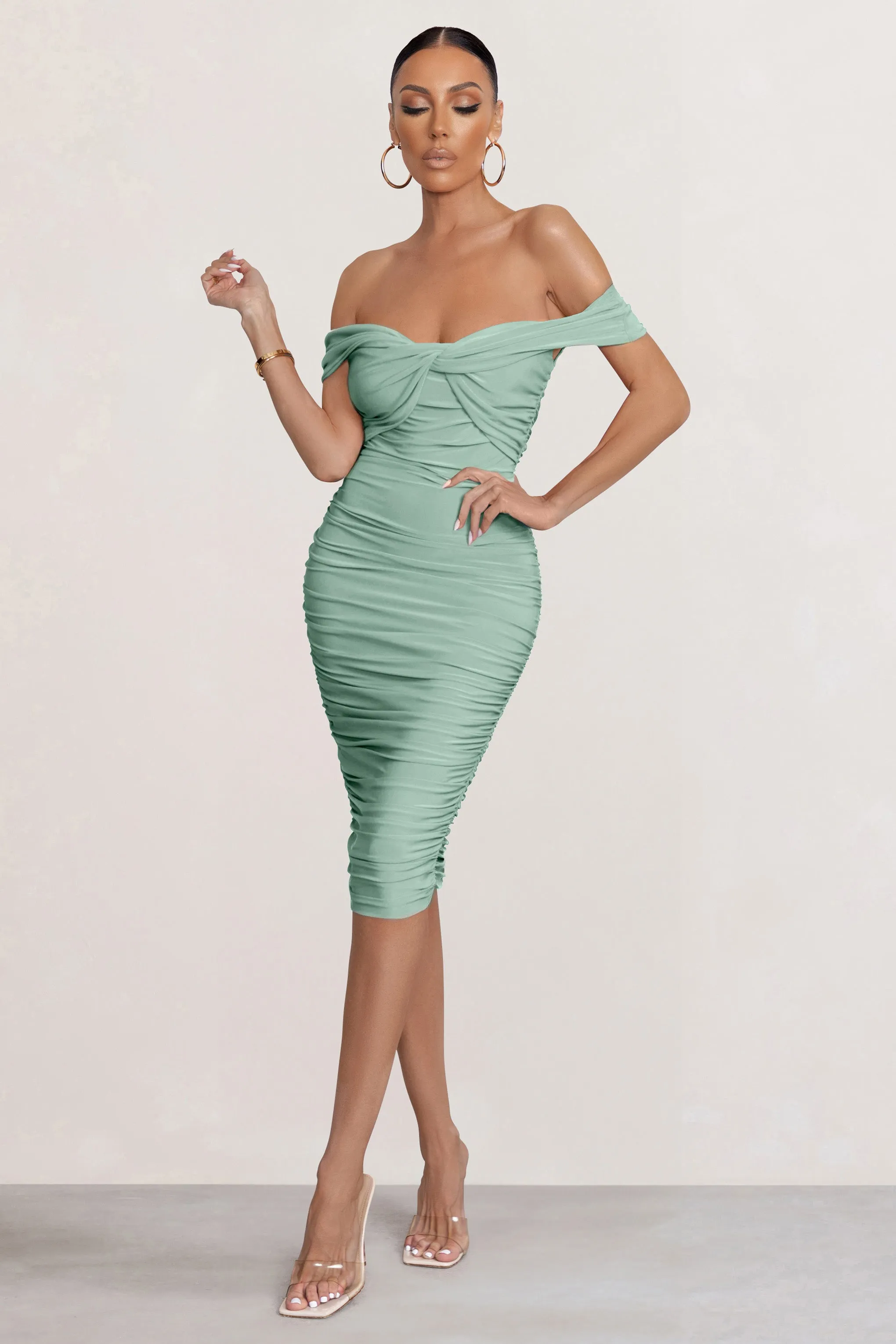 Gratitude | Sage Off The Shoulder Ruched Midi Dress sold by Club L London