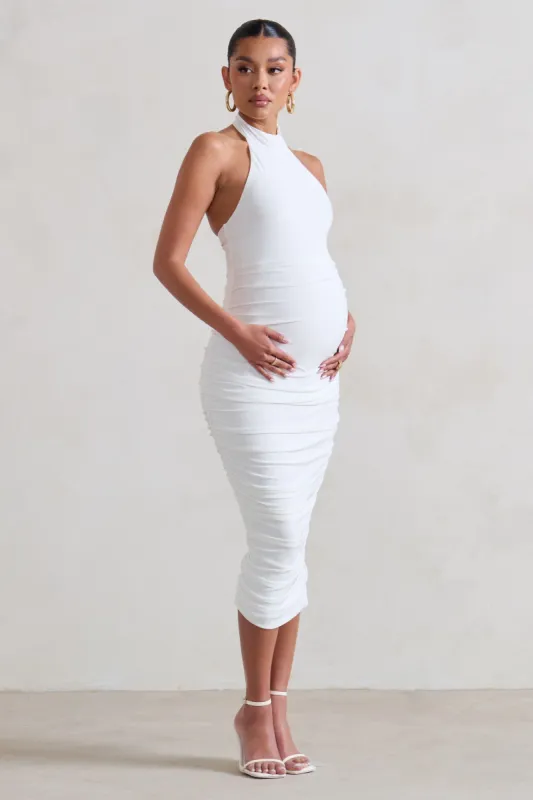 Chrissy | White Maternity Halterneck Ruched Midi Dress sold by Club L London