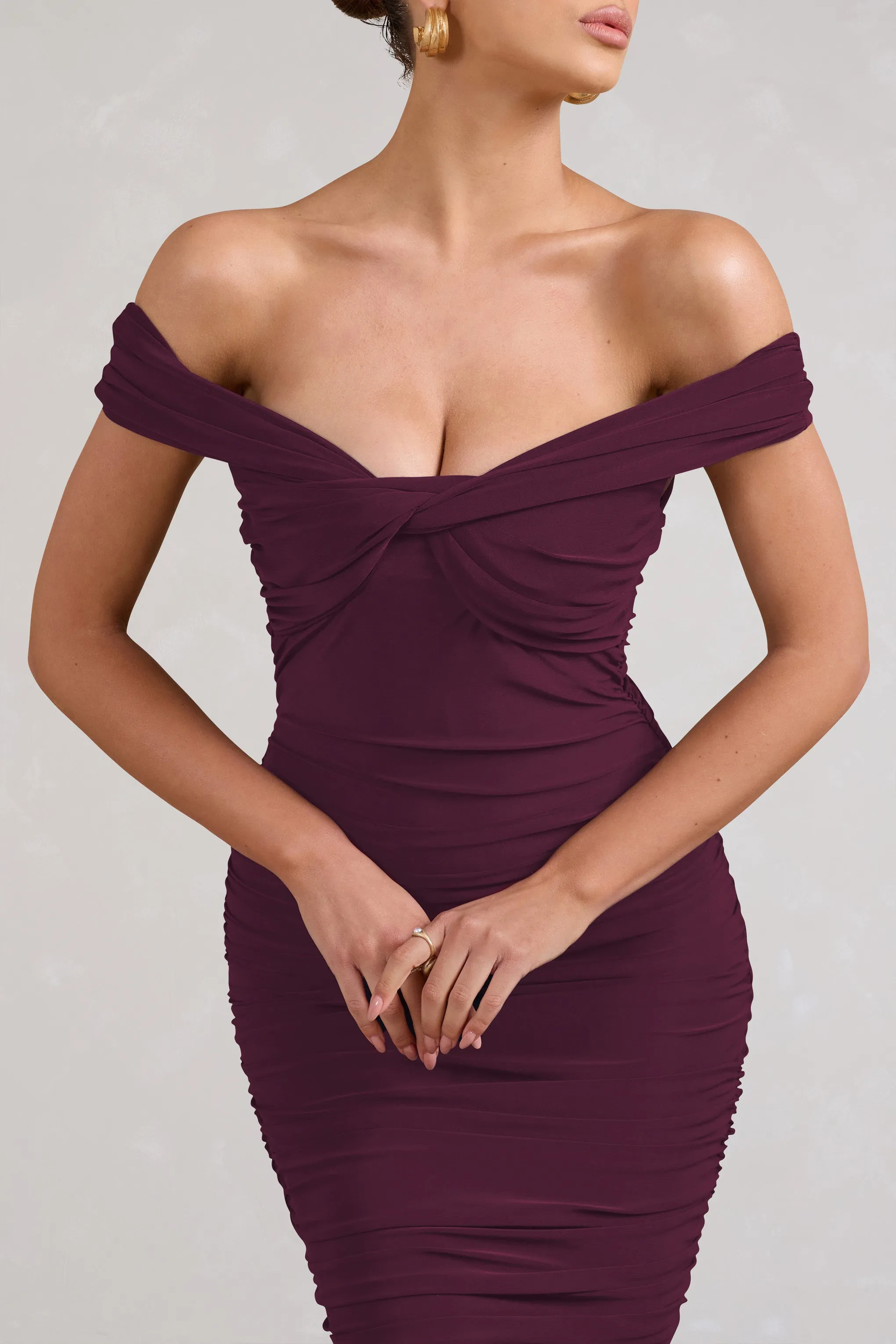 Gratitude | Plum Off The Shoulder Ruched Midi Dress sold by Club L London product image thumbnail 3