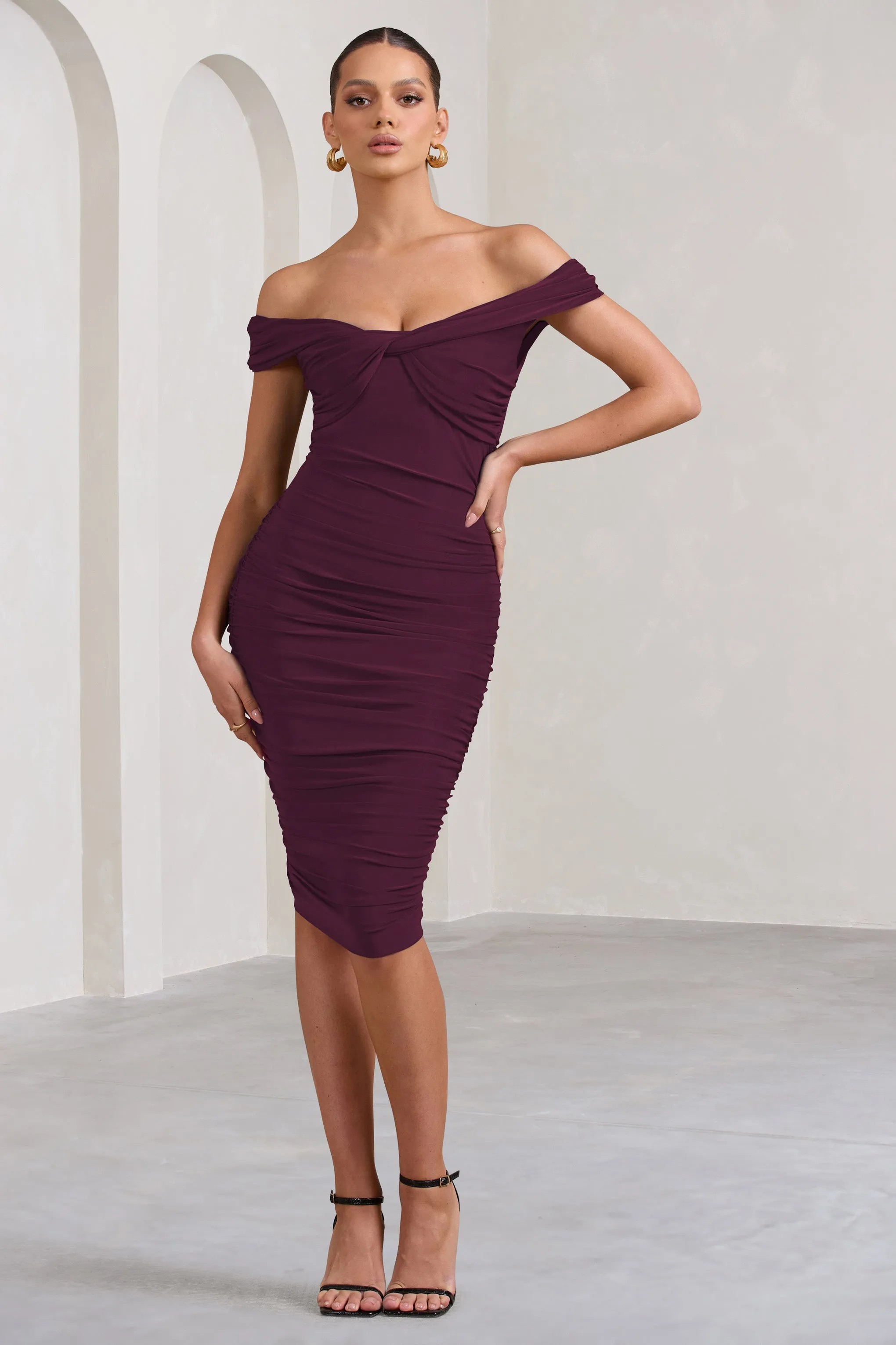 Gratitude | Plum Off The Shoulder Ruched Midi Dress sold by Club L London product image thumbnail 4