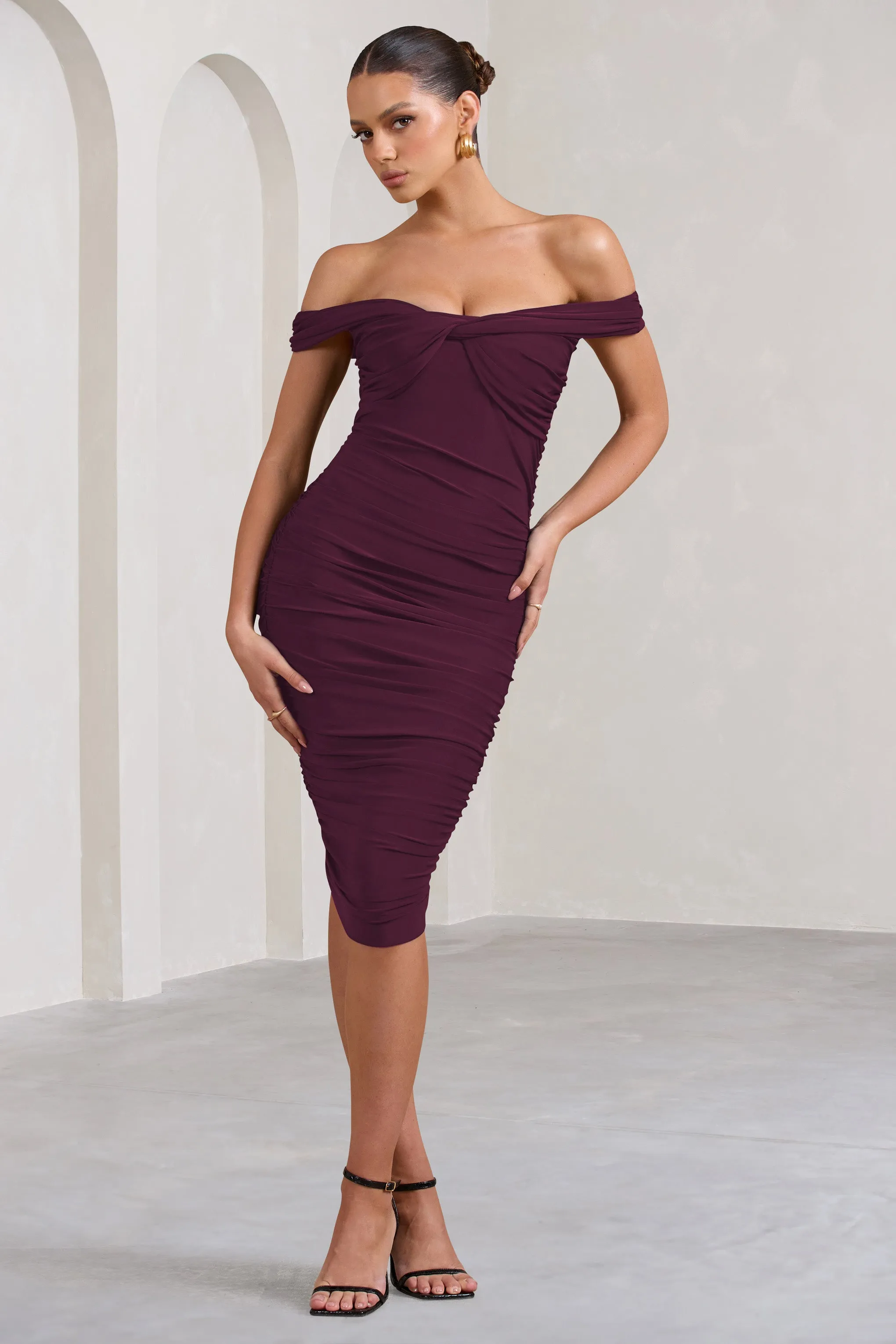 Gratitude | Plum Off The Shoulder Ruched Midi Dress sold by Club L London
