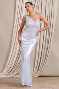 Galaxy Shimmer | Silver Bias Cut Cowl Front Maxi Dress sold by Club L London