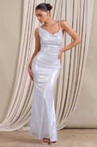 Galaxy Shimmer | Silver Bias Cut Cowl Front Maxi Dress sold by Club L London