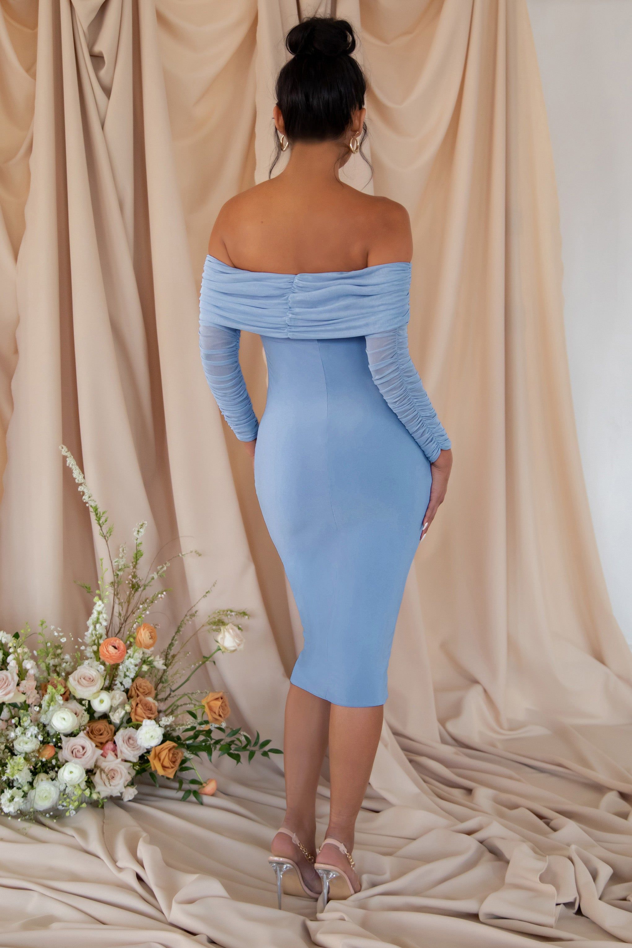 Patiently Waiting | Powder Blue Maternity Ruched Mesh Bardot Midi Dress sold by Club L London product image thumbnail 2