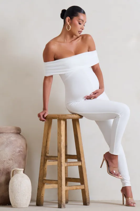 Carefully Crafted | White Maternity Bardot Fitted Jumpsuit sold by Club L London
