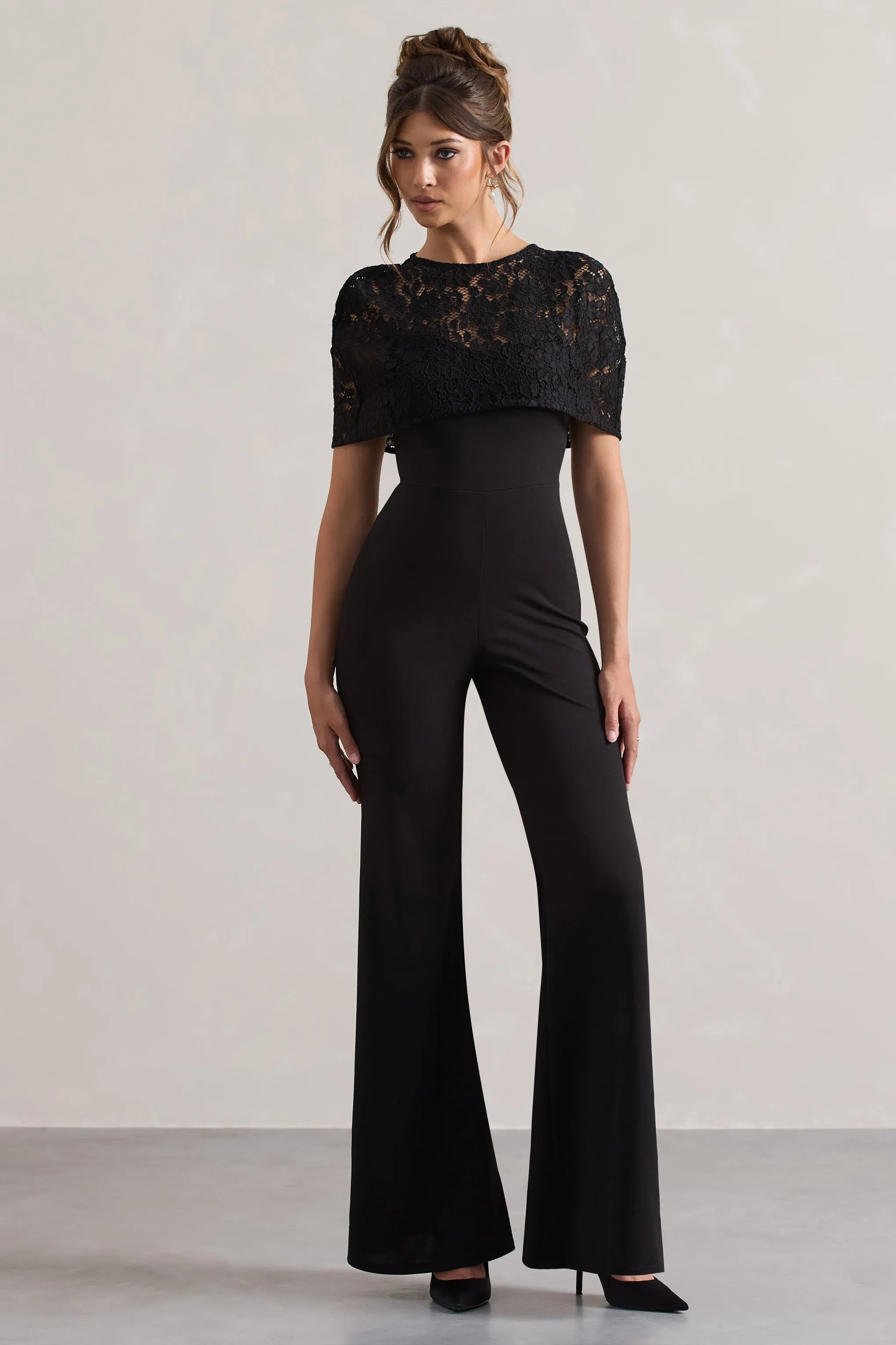 Endless | Black Flared-Leg Jumpsuit With Lace Overlay sold by Club L London product image thumbnail 4