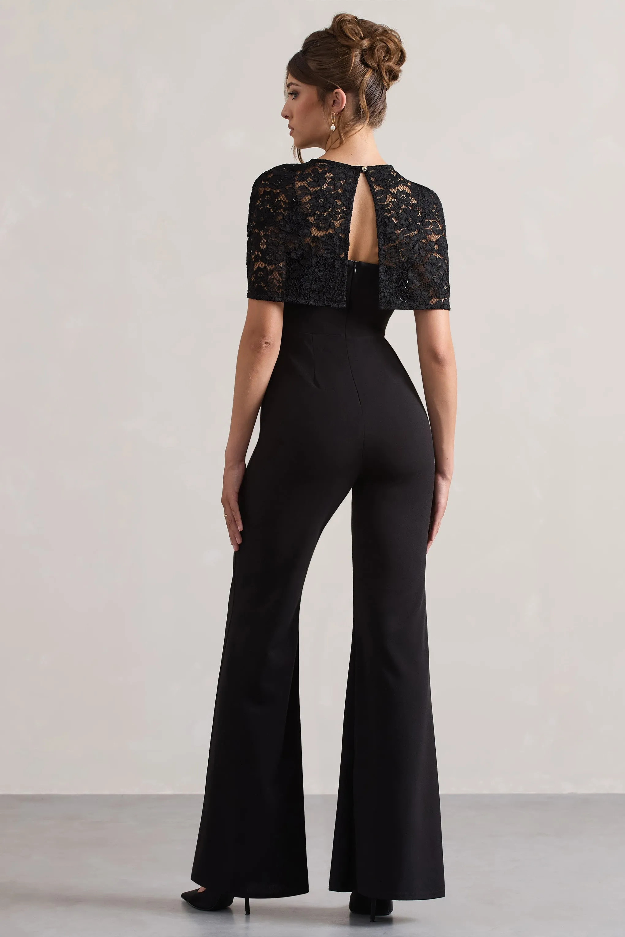 Endless | Black Flared-Leg Jumpsuit With Lace Overlay sold by Club L London product image thumbnail 2