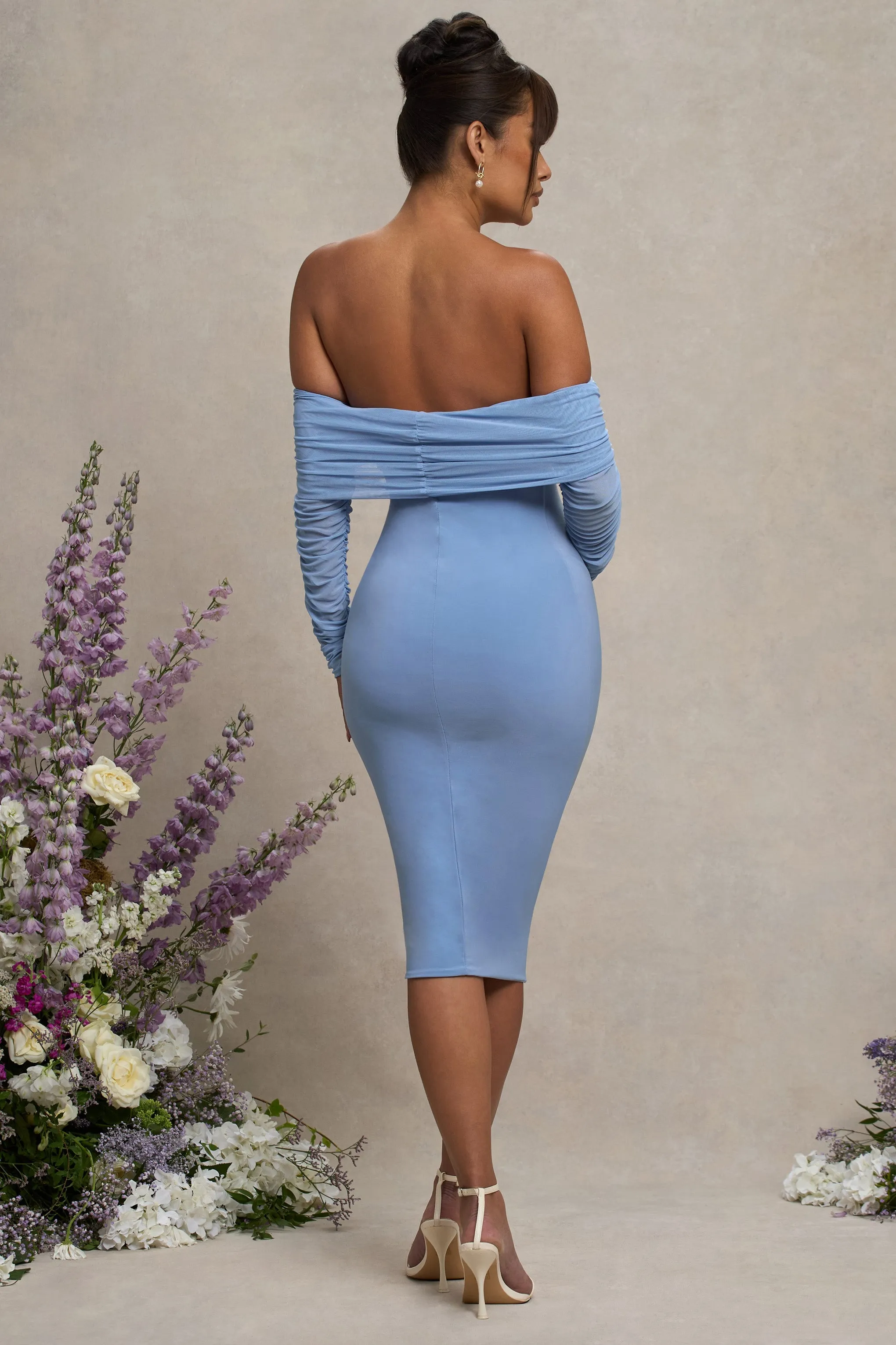 Patiently Waiting | Powder Blue Maternity Ruched Mesh Bardot Midi Dress sold by Club L London product image thumbnail 2